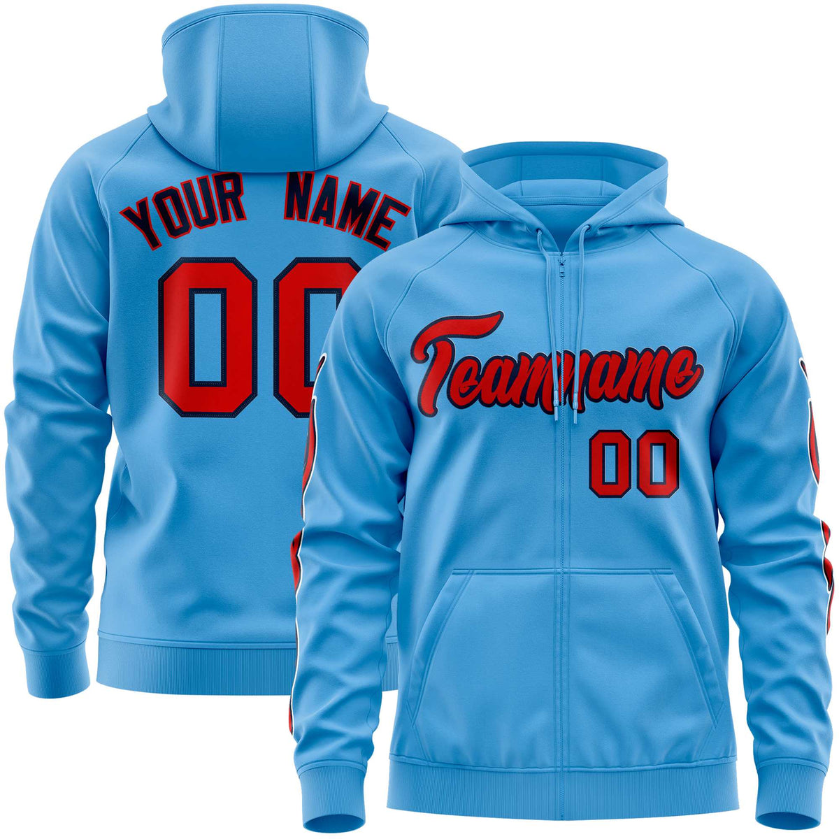 Custom Stitched Light Blue Red Sports Full-Zip Sweatshirt Hoodie with Flame| KXKSHOP