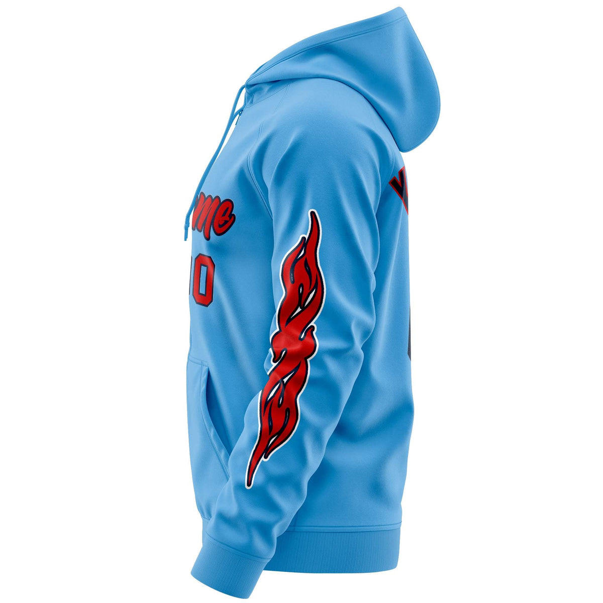 Custom Stitched Light Blue Red Sports Full-Zip Sweatshirt Hoodie with Flame| KXKSHOP