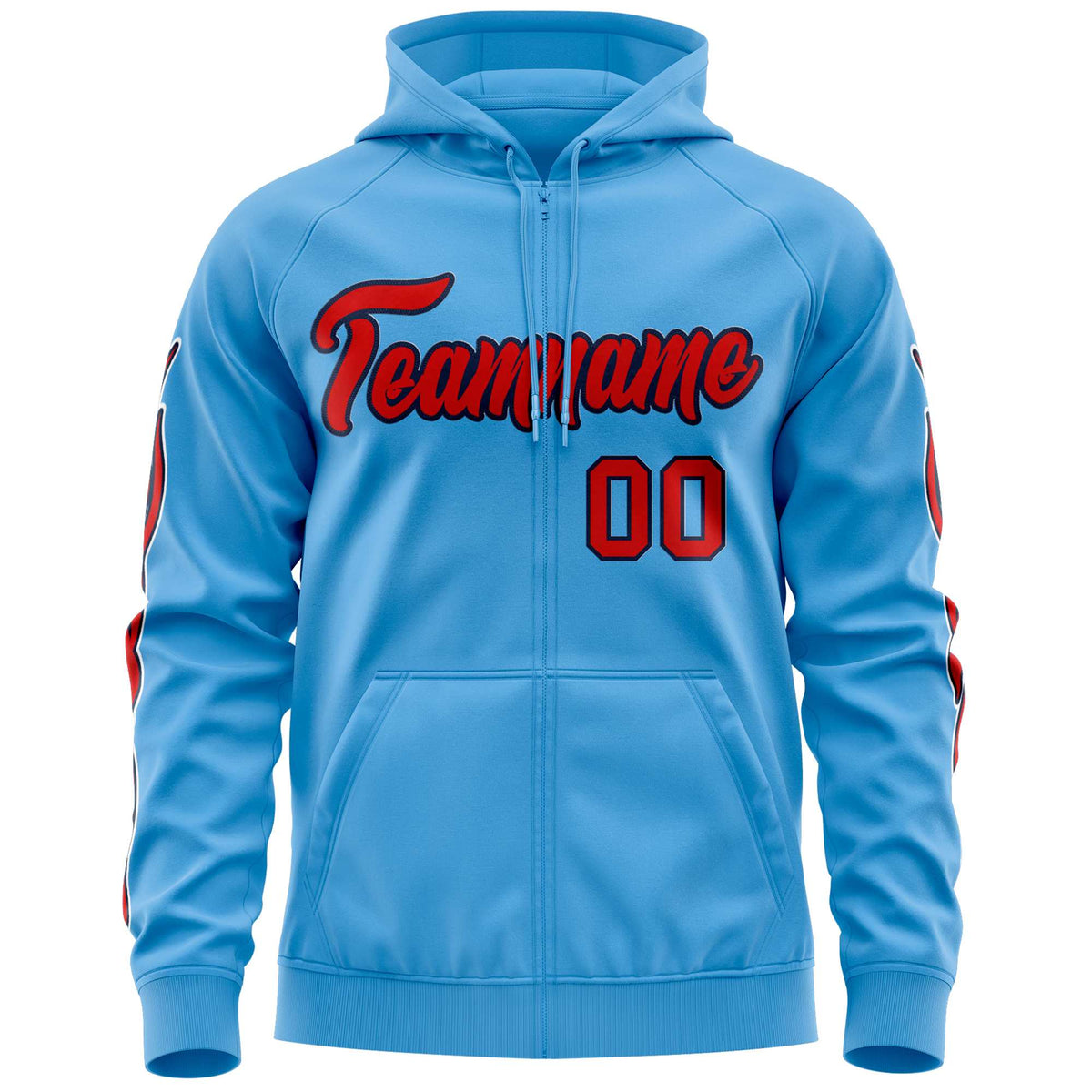 Custom Stitched Light Blue Red Sports Full-Zip Sweatshirt Hoodie with Flame| KXKSHOP