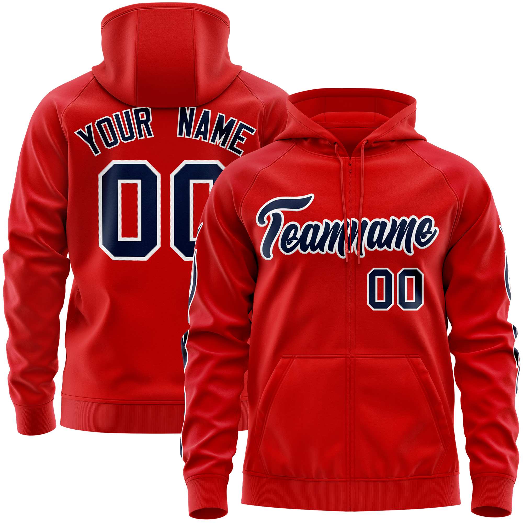 Custom Stitched Red Navy Sports Full-Zip Sweatshirt Hoodie with Flame| KXKSHOP
