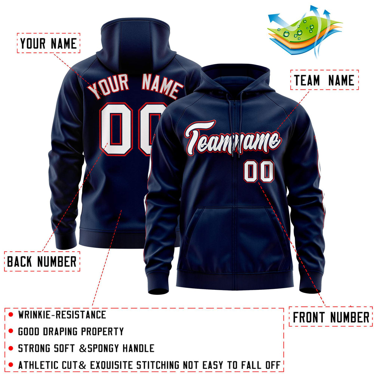 Custom Stitched Navy White Sports Full-Zip Sweatshirt Hoodie with Flame| KXKSHOP