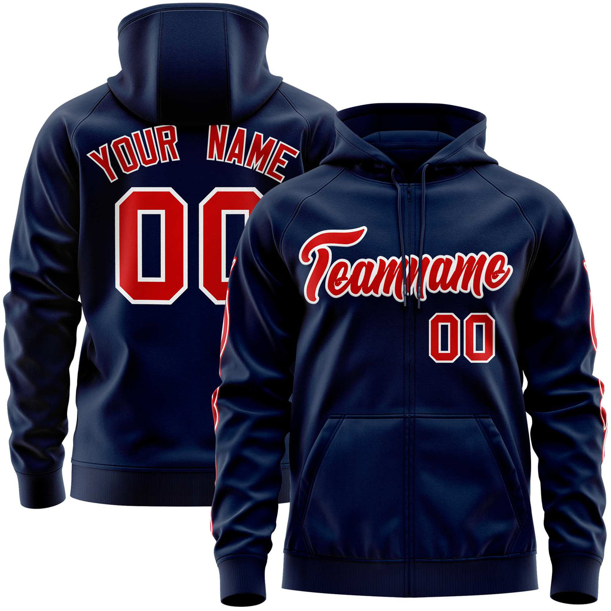 Custom Stitched Navy Red Sports Full-Zip Sweatshirt Hoodie with Flame| KXKSHOP