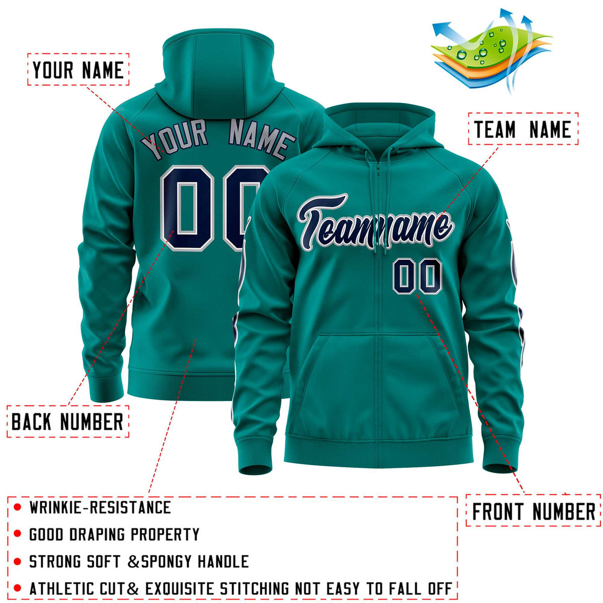 Custom Stitched Aqua Navy Sports Full-Zip Sweatshirt Hoodie with Flame| KXKSHOP