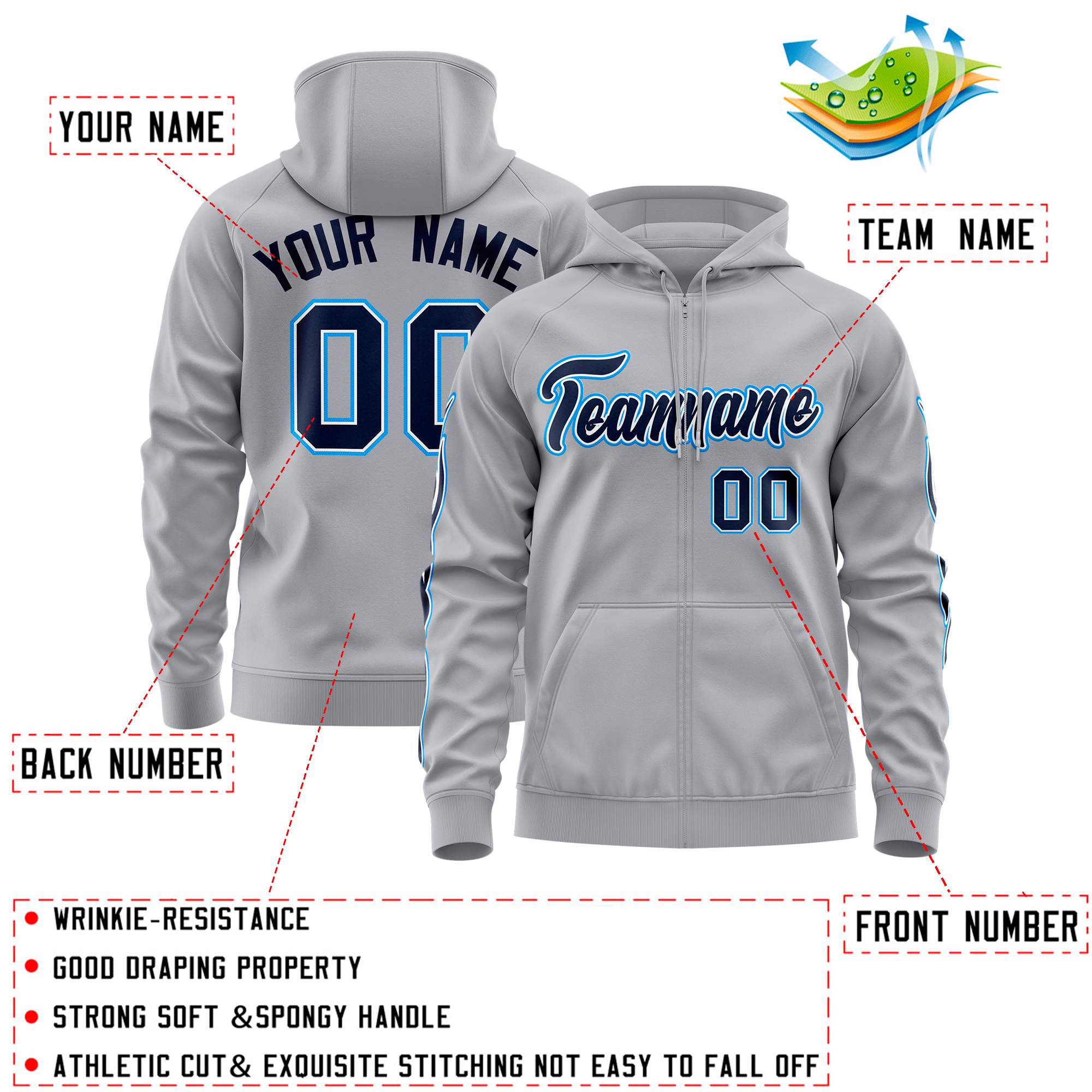 Custom Stitched Gray Navy Sports Full-Zip Sweatshirt Hoodie with Flame| KXKSHOP