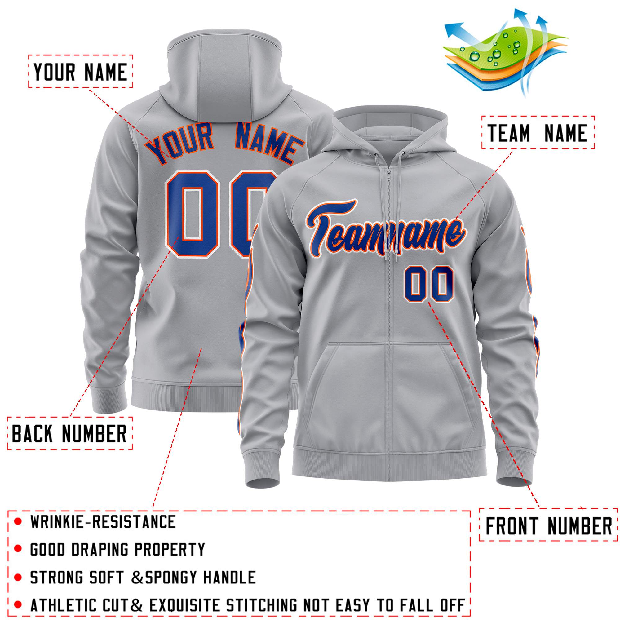 Custom Stitched Gray Royal Sports Full-Zip Sweatshirt Hoodie with Flame| KXKSHOP