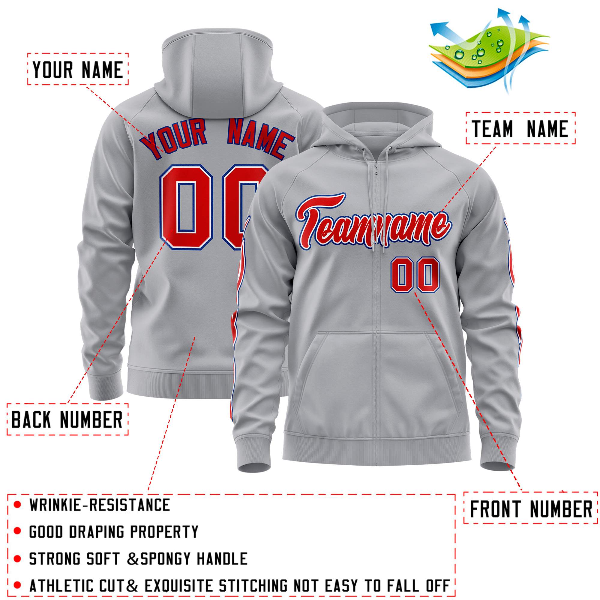 Custom Stitched Gray Red Sports Full-Zip Sweatshirt Hoodie with Flame| KXKSHOP