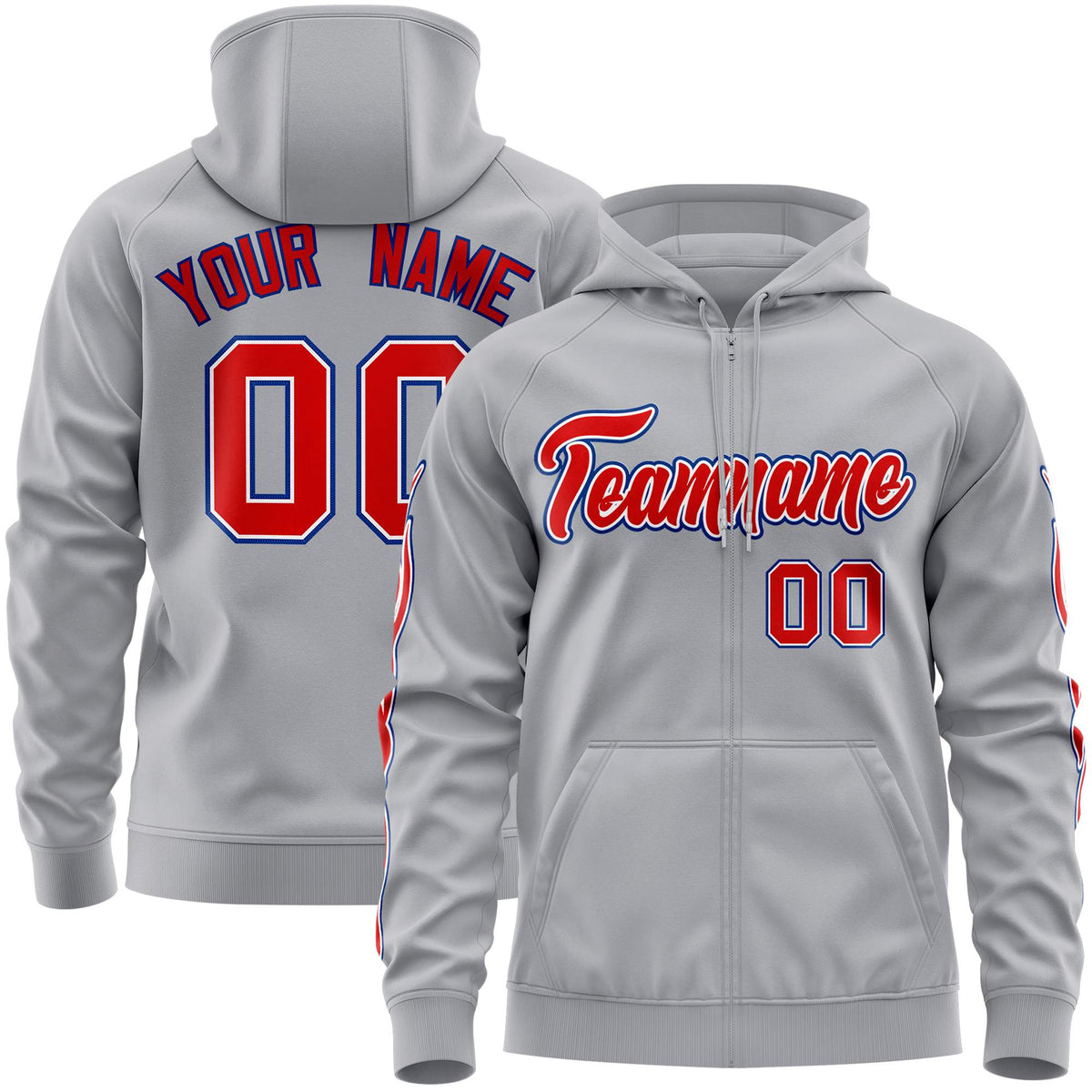 Custom Stitched Gray Red Sports Full-Zip Sweatshirt Hoodie with Flame| KXKSHOP