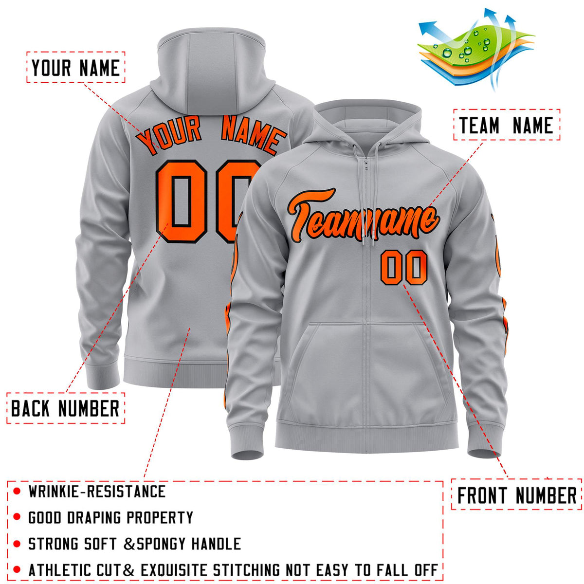 Custom Stitched Gray Orange Sports Full-Zip Sweatshirt Hoodie with Flame| KXKSHOP
