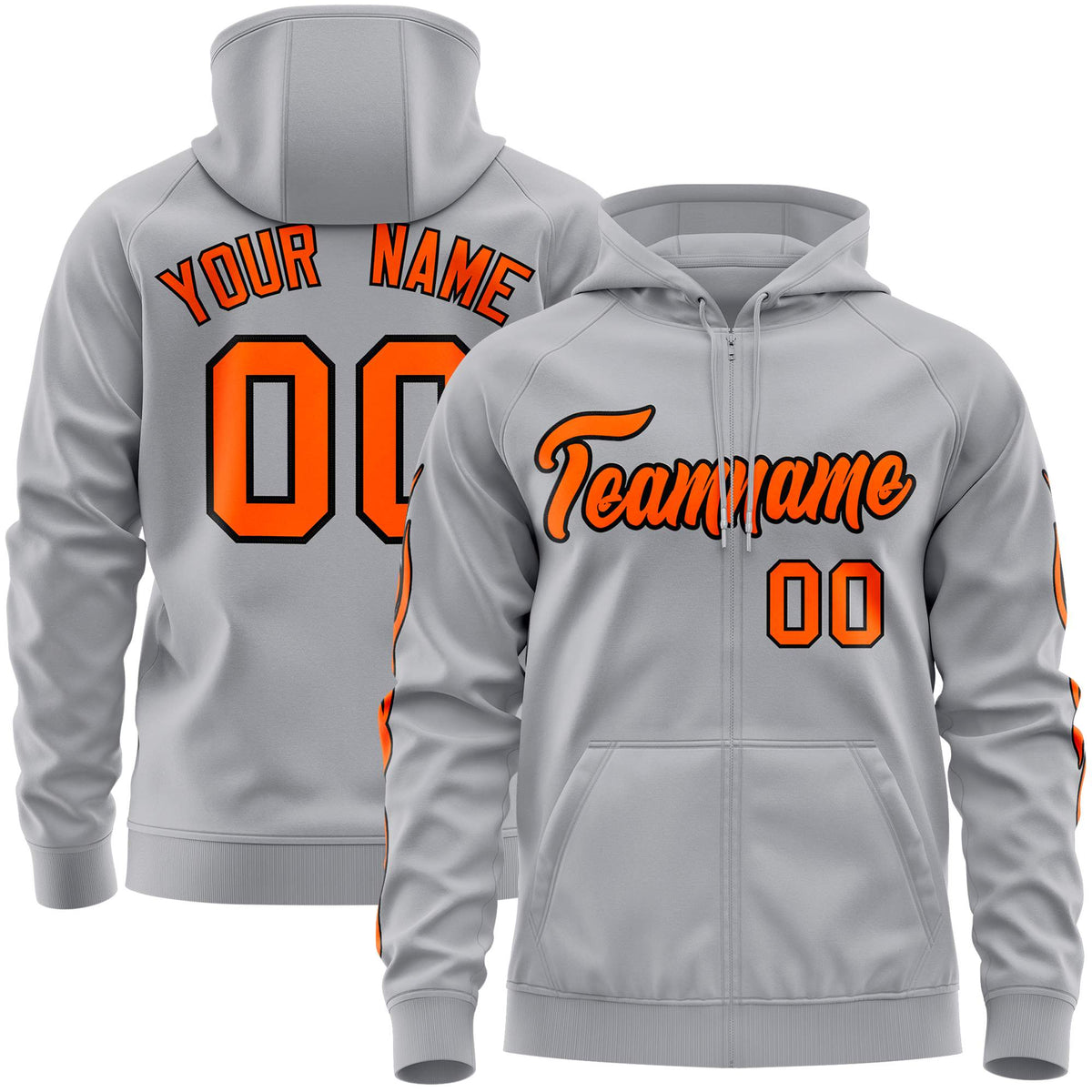 Custom Stitched Gray Orange Sports Full-Zip Sweatshirt Hoodie with Flame| KXKSHOP