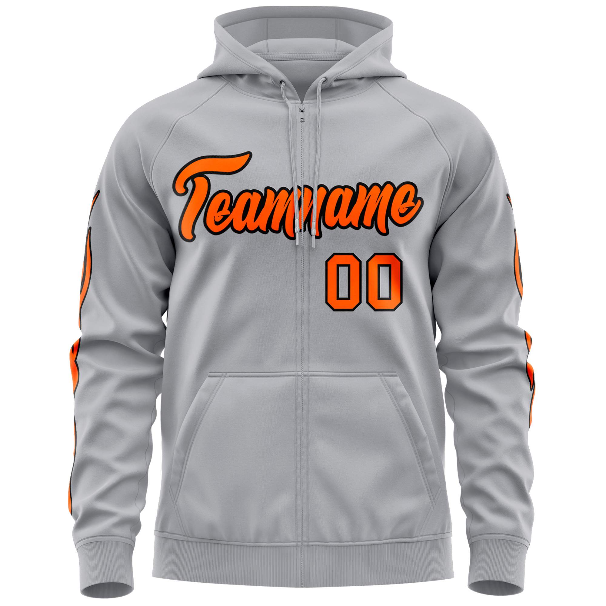 Custom Stitched Gray Orange Sports Full-Zip Sweatshirt Hoodie with Flame| KXKSHOP