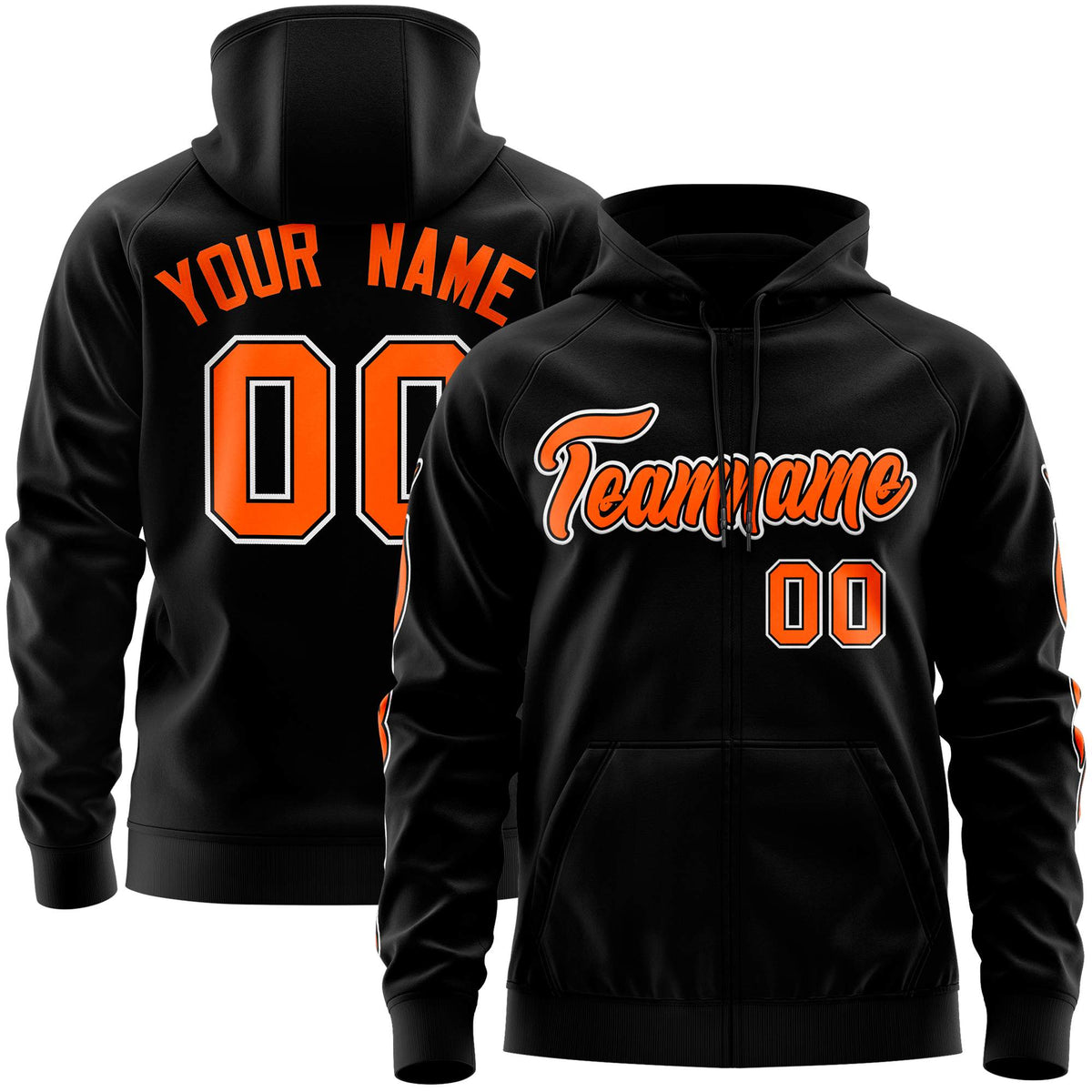 Custom Stitched Black Orange Sports Full-Zip Sweatshirt Hoodie with Flame| KXKSHOP