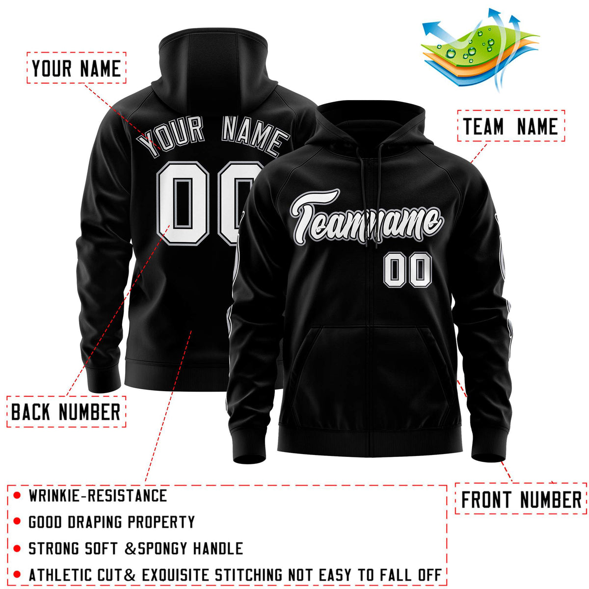 Custom Stitched Black White Sports Full-Zip Sweatshirt Hoodie with Flame| KXKSHOP