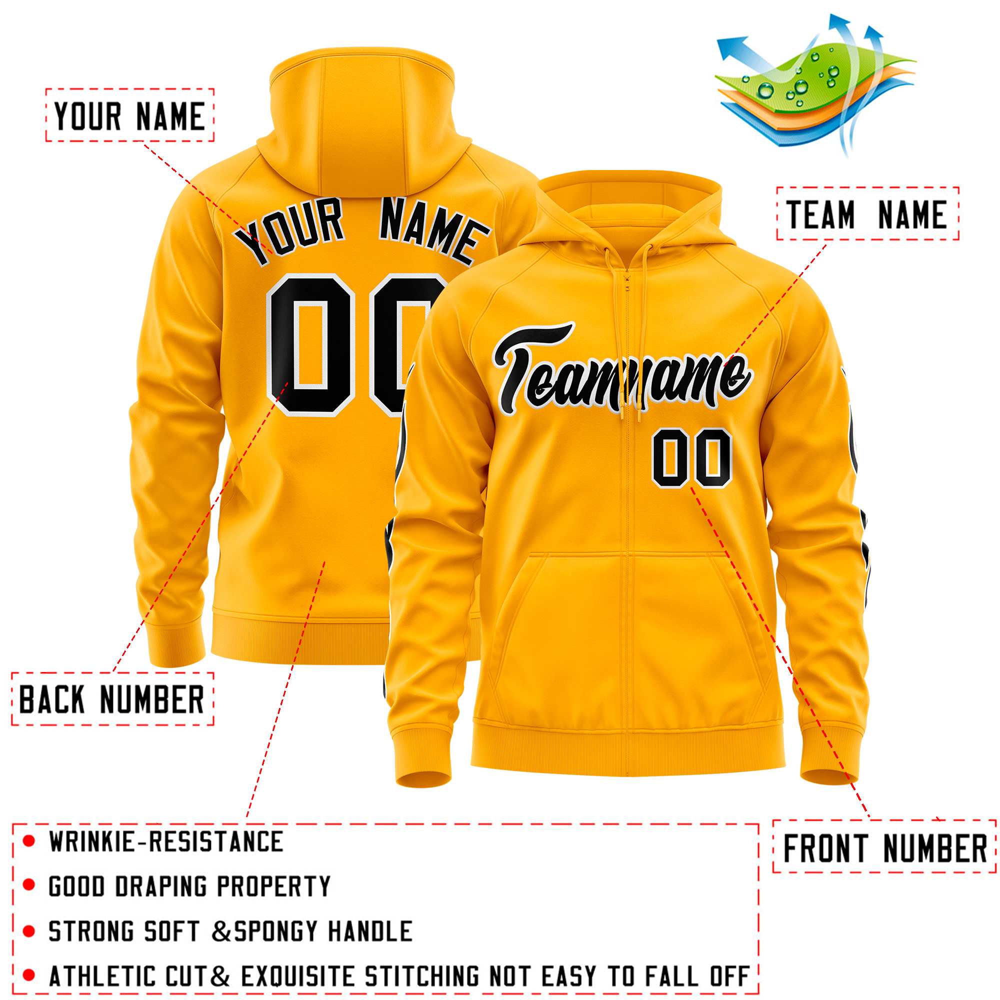 Custom Stitched Gold Black Sports Full-Zip Sweatshirt Hoodie with Flame| KXKSHOP