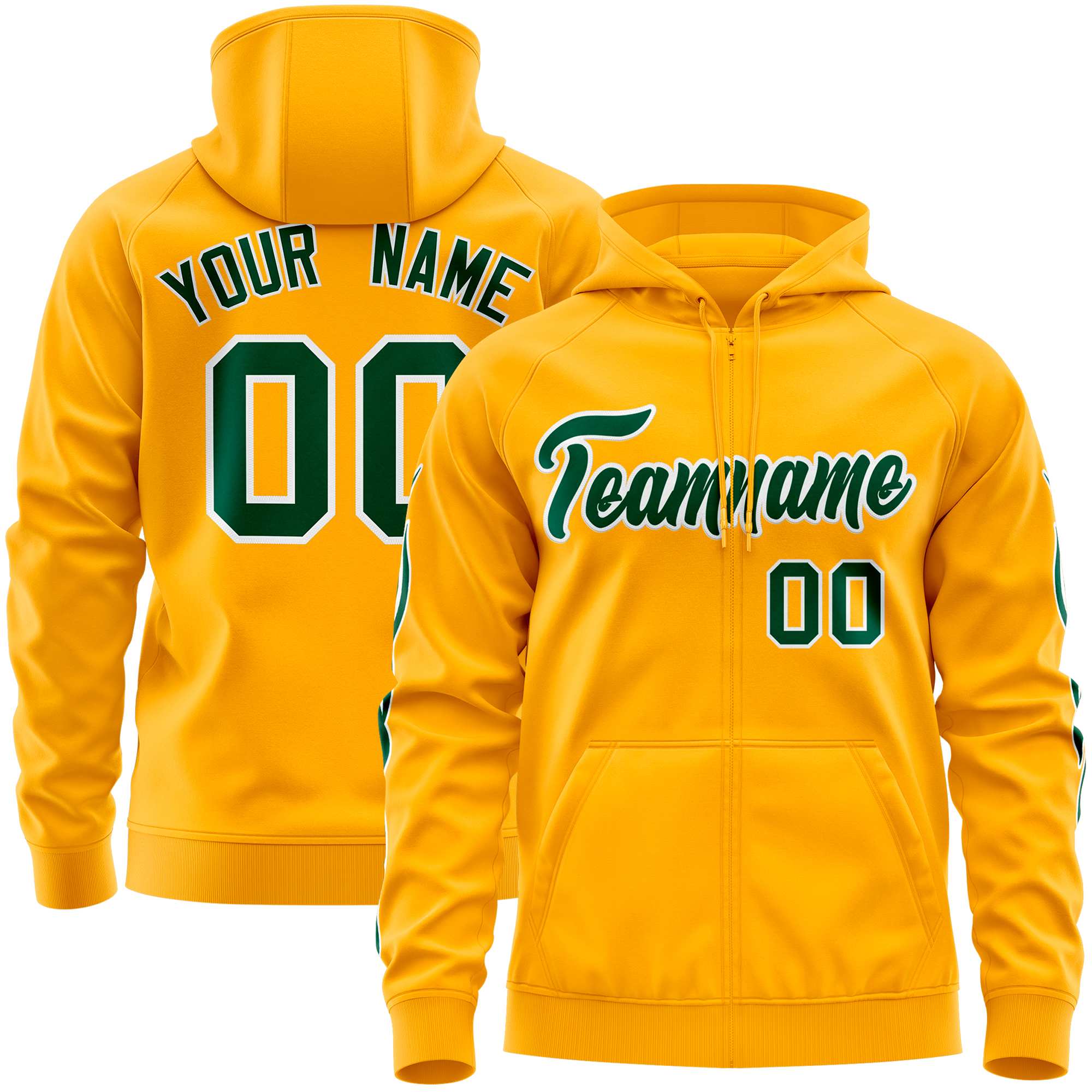 Custom Stitched Gold Green Sports Full-Zip Sweatshirt Hoodie with Flame| KXKSHOP
