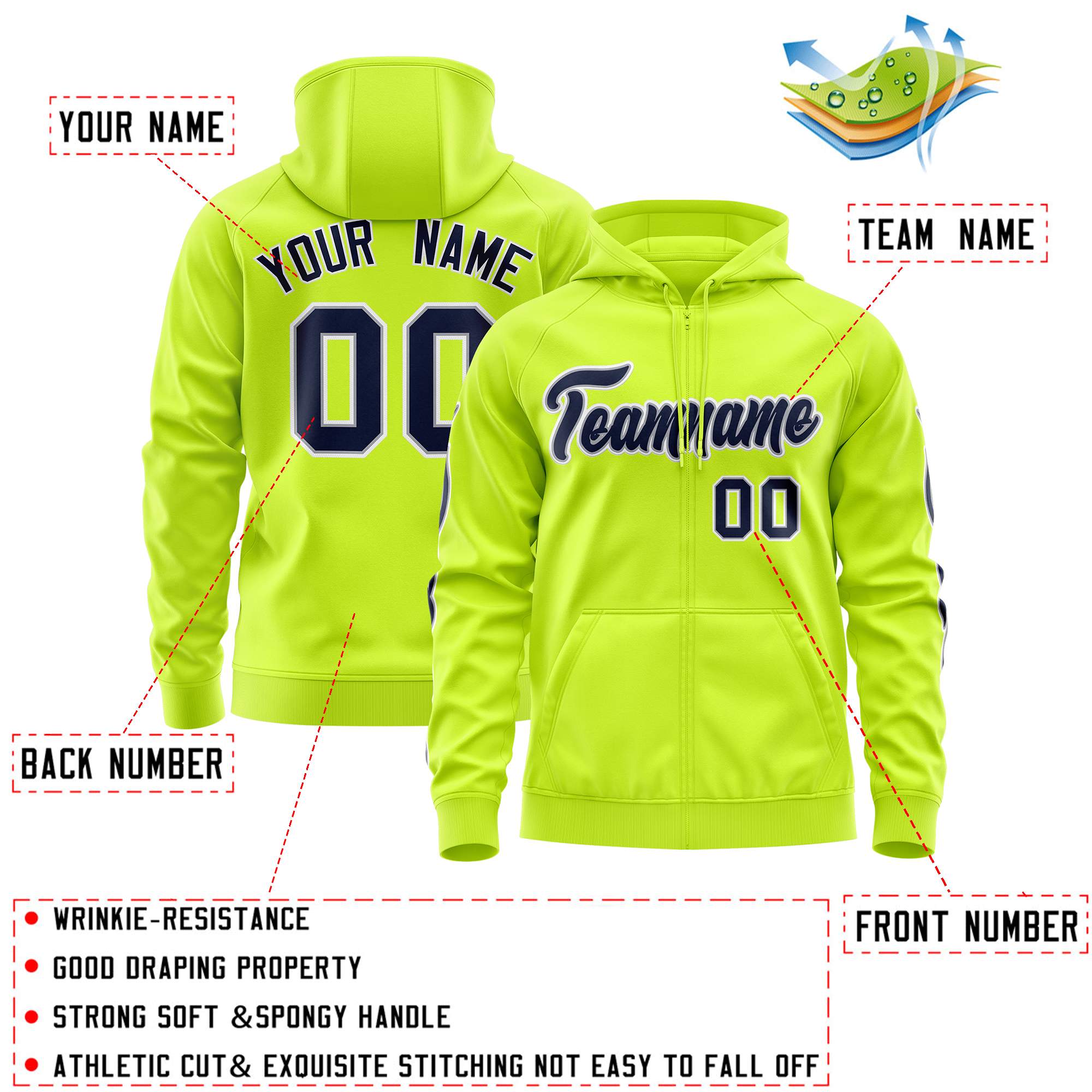 Custom Stitched Neon Green Navy Sports Full-Zip Sweatshirt Hoodie with Flame| KXKSHOP