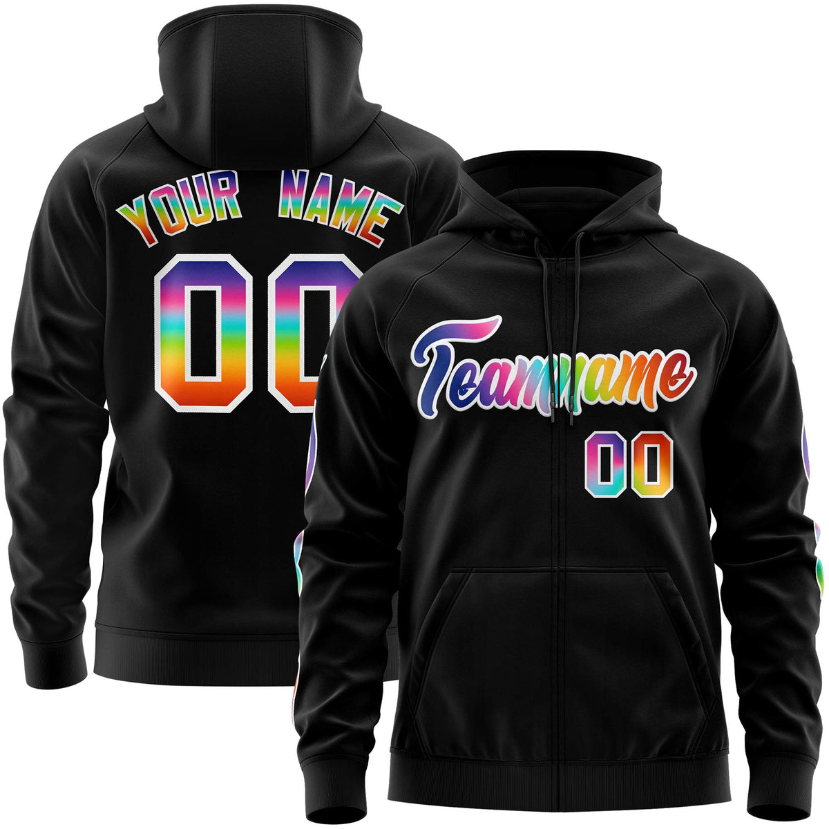 Custom Stitched Black White Sports Full-Zip Sweatshirt Hoodie with Colored Flames| KXKSHOP