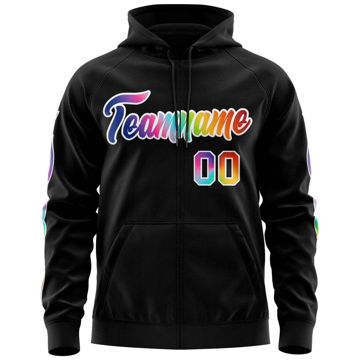 Custom Stitched Black White Sports Full-Zip Sweatshirt Hoodie with Colored Flames| KXKSHOP