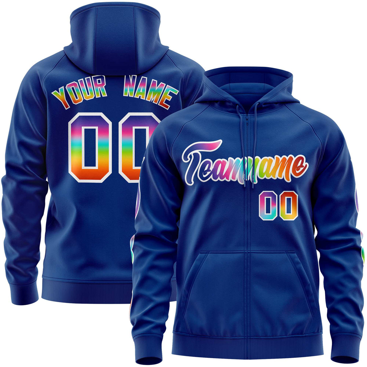 Custom Stitched Royal White Sports Full-Zip Sweatshirt Hoodie with Colored Flames| KXKSHOP
