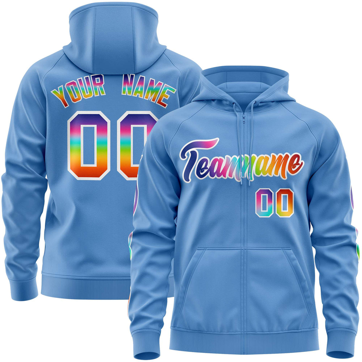 Custom Stitched Light Blue White Sports Full-Zip Sweatshirt Hoodie with Colored Flames| KXKSHOP
