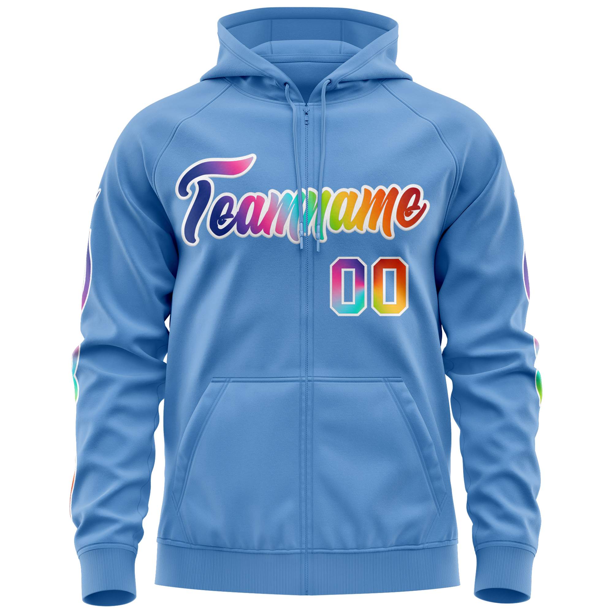 Custom Stitched Light Blue White Sports Full-Zip Sweatshirt Hoodie with Colored Flames| KXKSHOP