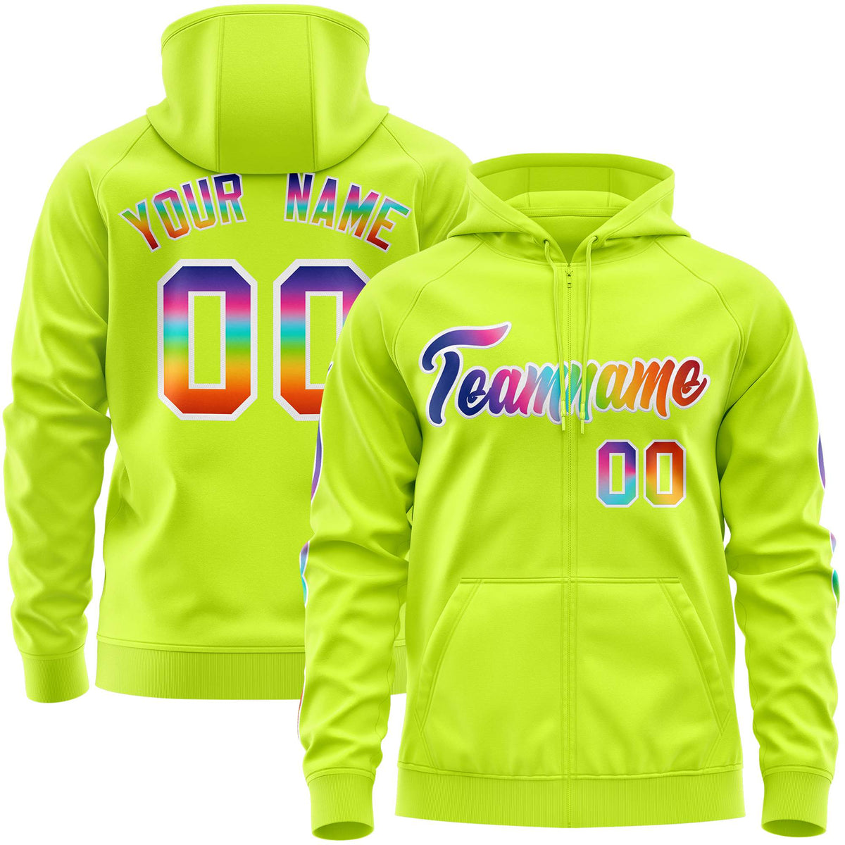 Custom Stitched Neon Green White Sports Full-Zip Sweatshirt Hoodie with Colored Flames| KXKSHOP