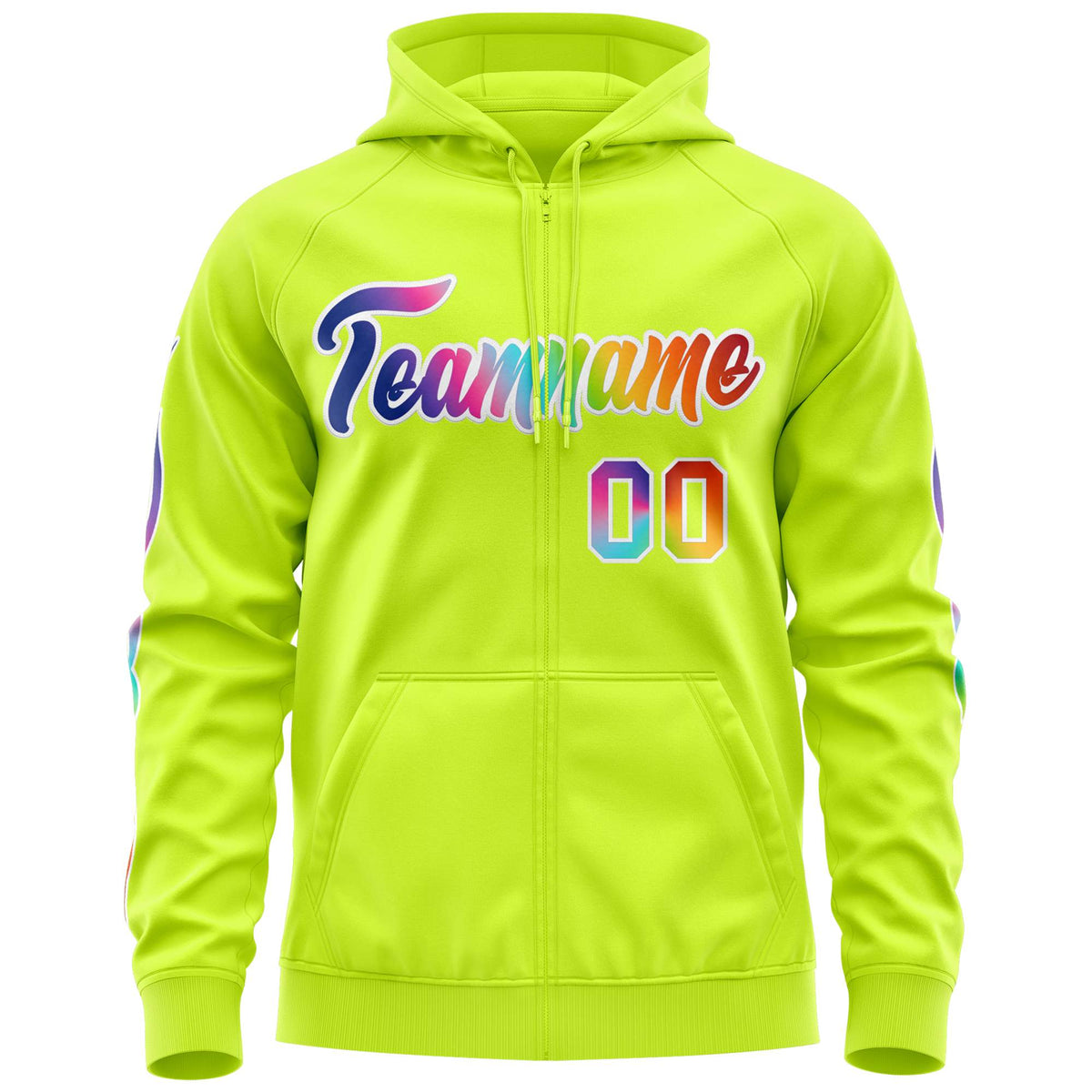 Custom Stitched Neon Green White Sports Full-Zip Sweatshirt Hoodie with Colored Flames| KXKSHOP