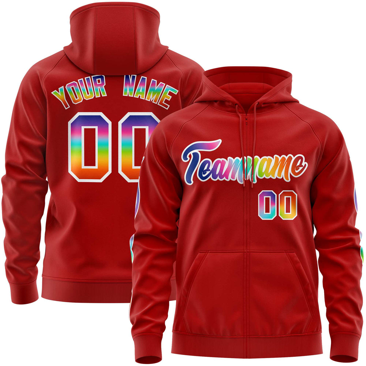 Custom Stitched Red White Sports Full-Zip Sweatshirt Hoodie with Colored Flames| KXKSHOP
