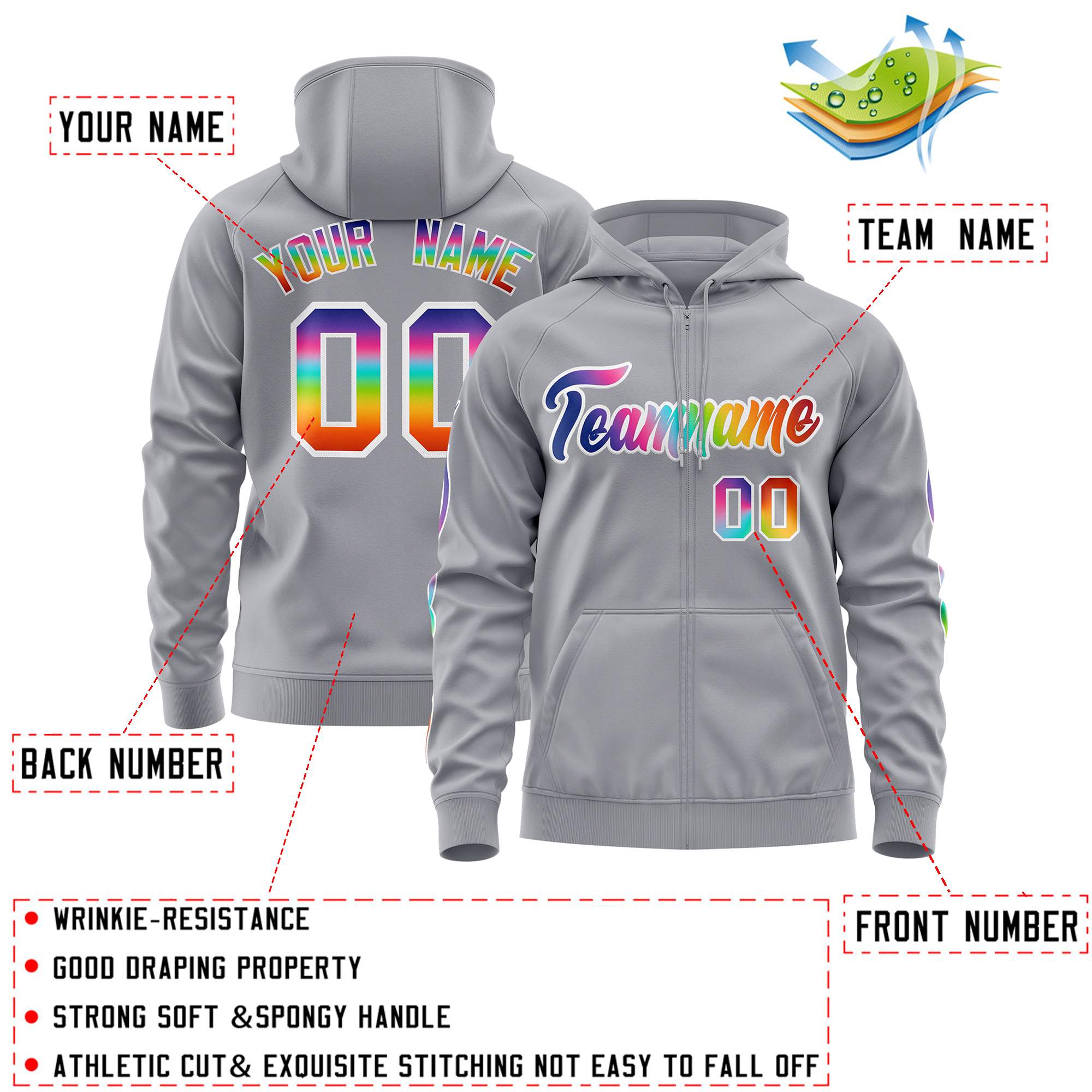 Custom Stitched Gray White Sports Full-Zip Sweatshirt Hoodie with Colored Flames| KXKSHOP