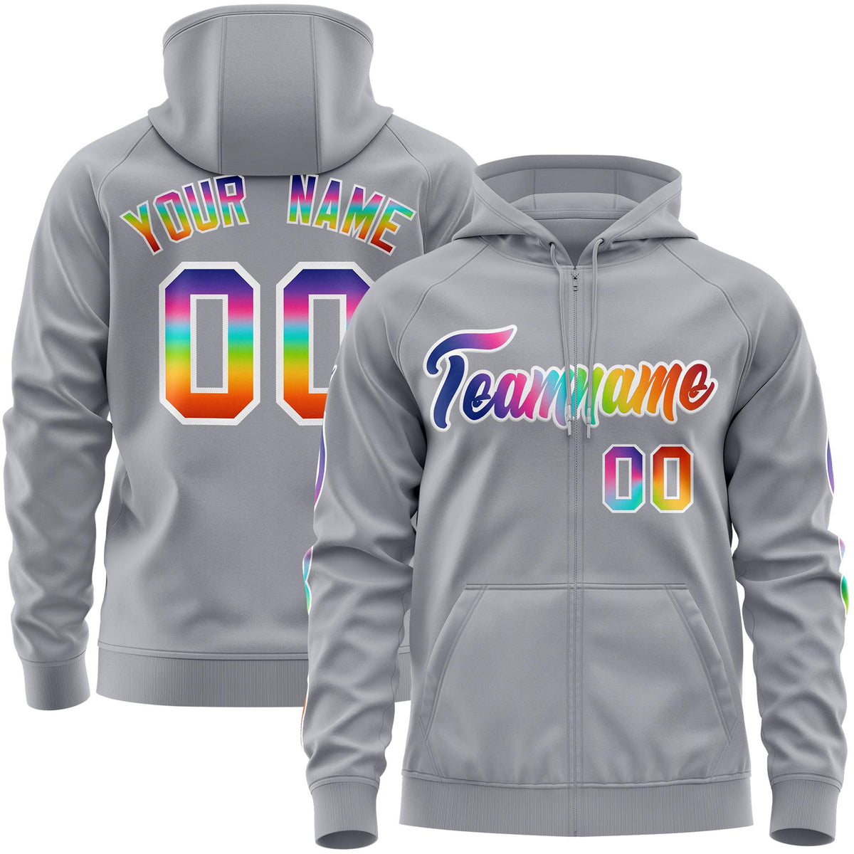 Custom Stitched Gray White Sports Full-Zip Sweatshirt Hoodie with Colored Flames| KXKSHOP