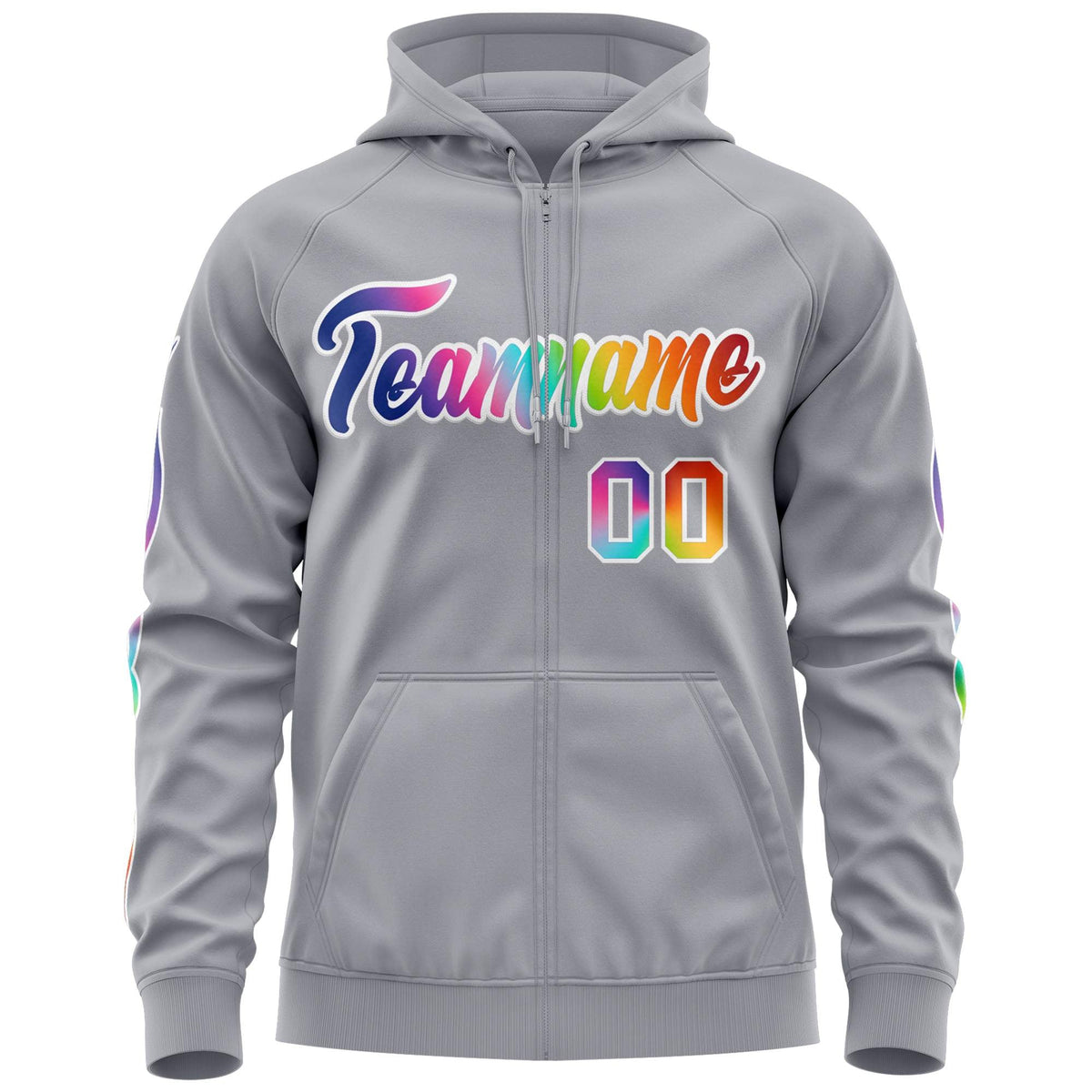 Custom Stitched Gray White Sports Full-Zip Sweatshirt Hoodie with Colored Flames| KXKSHOP