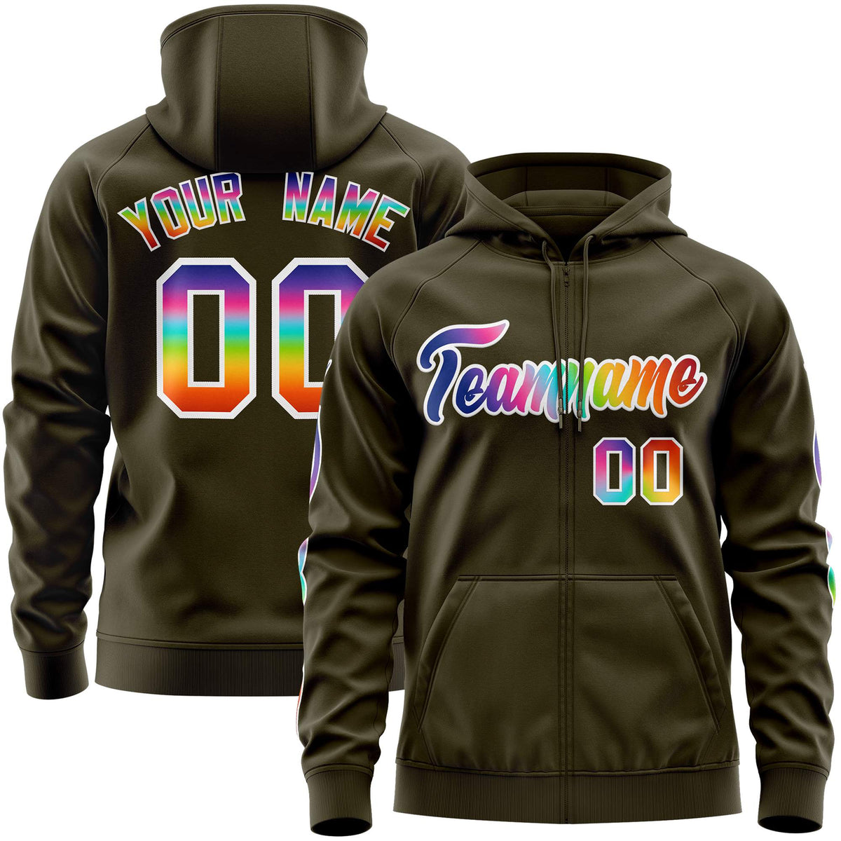 Custom Stitched Olive White Sports Full-Zip Sweatshirt Hoodie with Colored Flames| KXKSHOP