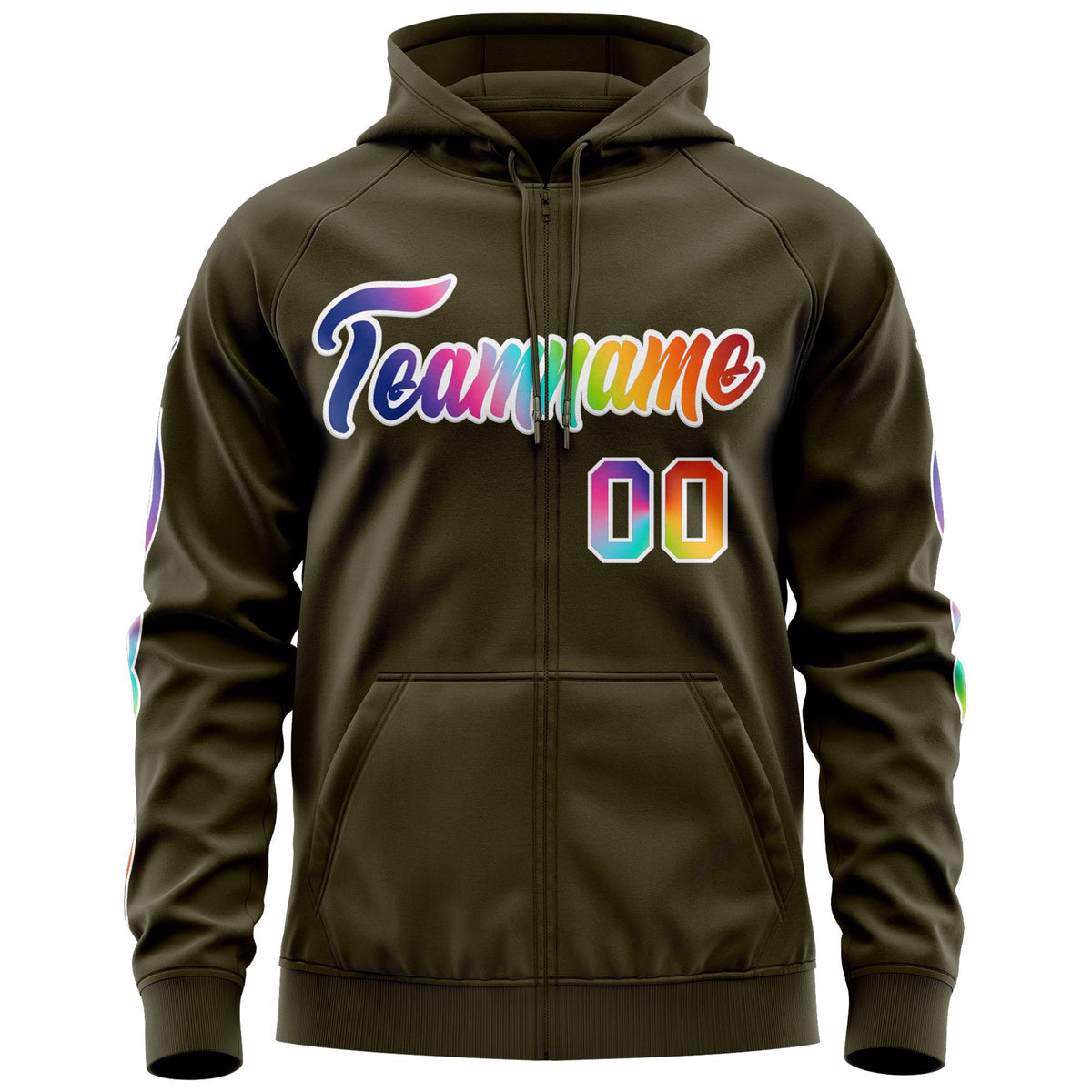 Custom Stitched Olive White Sports Full-Zip Sweatshirt Hoodie with Colored Flames| KXKSHOP