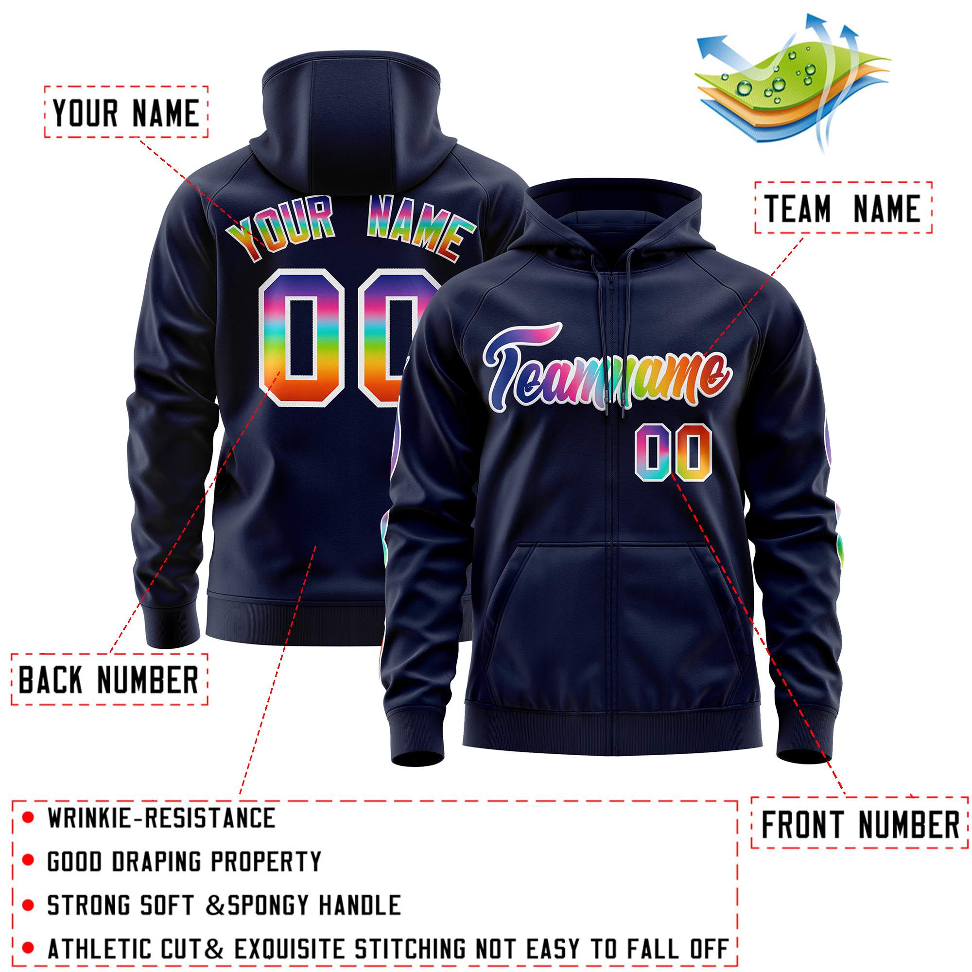 Custom Stitched Navy White Sports Full-Zip Sweatshirt Hoodie with Colored Flames| KXKSHOP