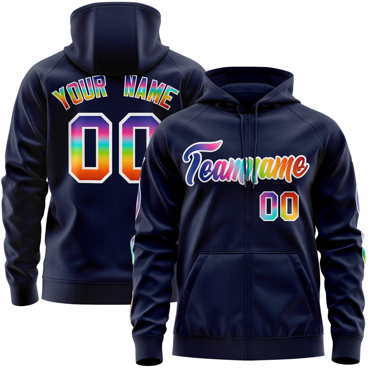 Custom Stitched Navy White Sports Full-Zip Sweatshirt Hoodie with Colored Flames| KXKSHOP
