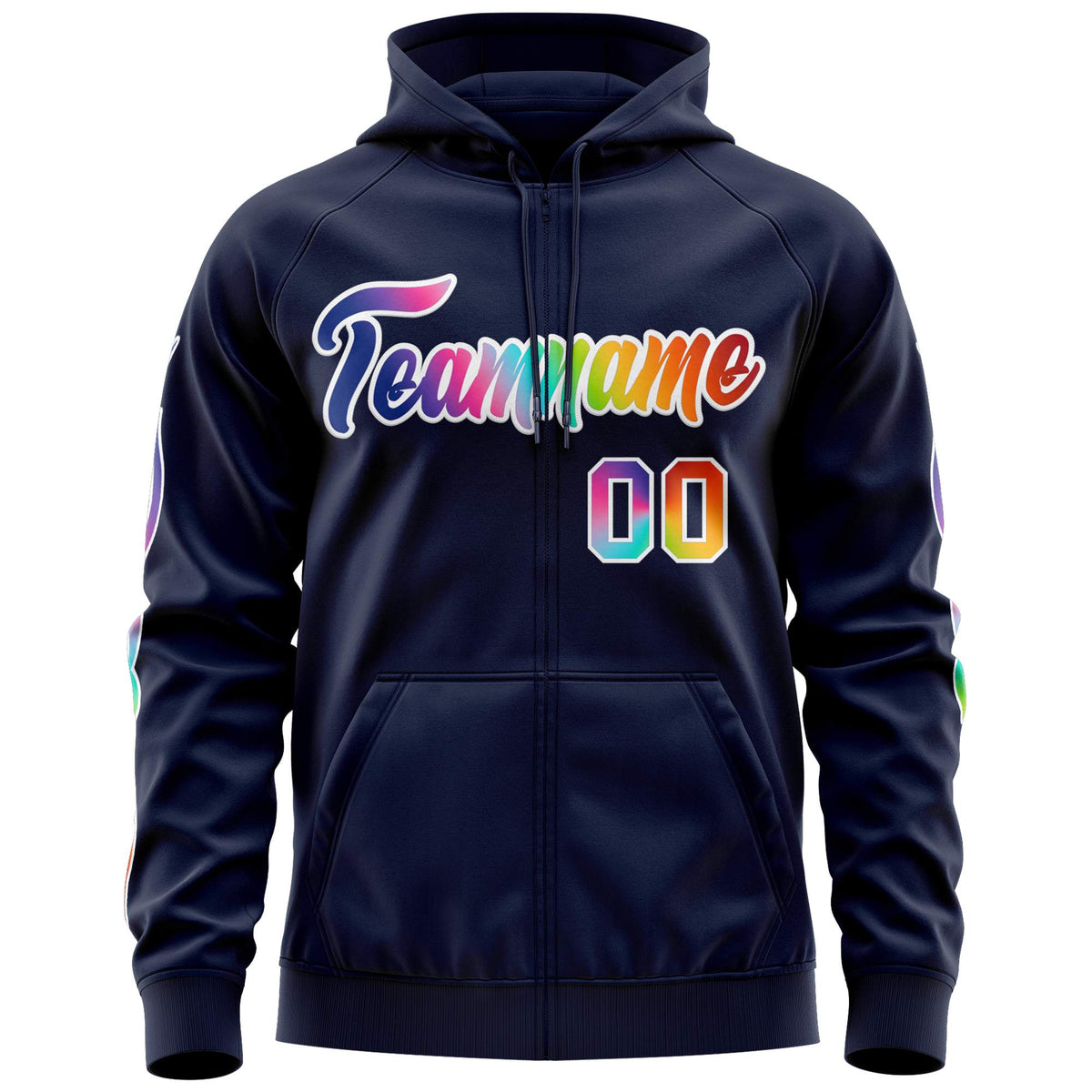 Custom Stitched Navy White Sports Full-Zip Sweatshirt Hoodie with Colored Flames| KXKSHOP