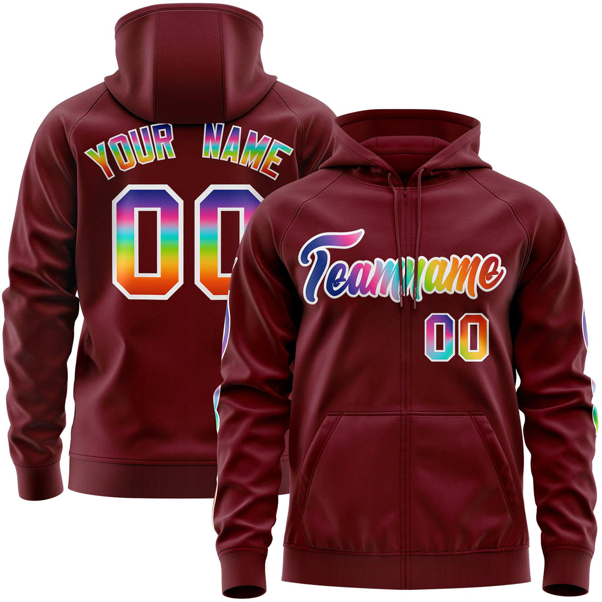 Custom Stitched Crimson White Sports Full-Zip Sweatshirt Hoodie with Colored Flames| KXKSHOP