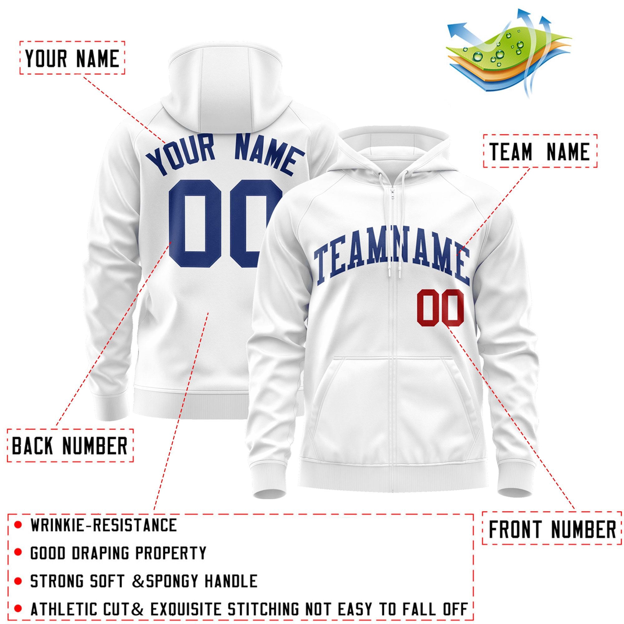 Custom Stitched White Royal Sports Full-Zip Sweatshirt Hoodie| KXKSHOP