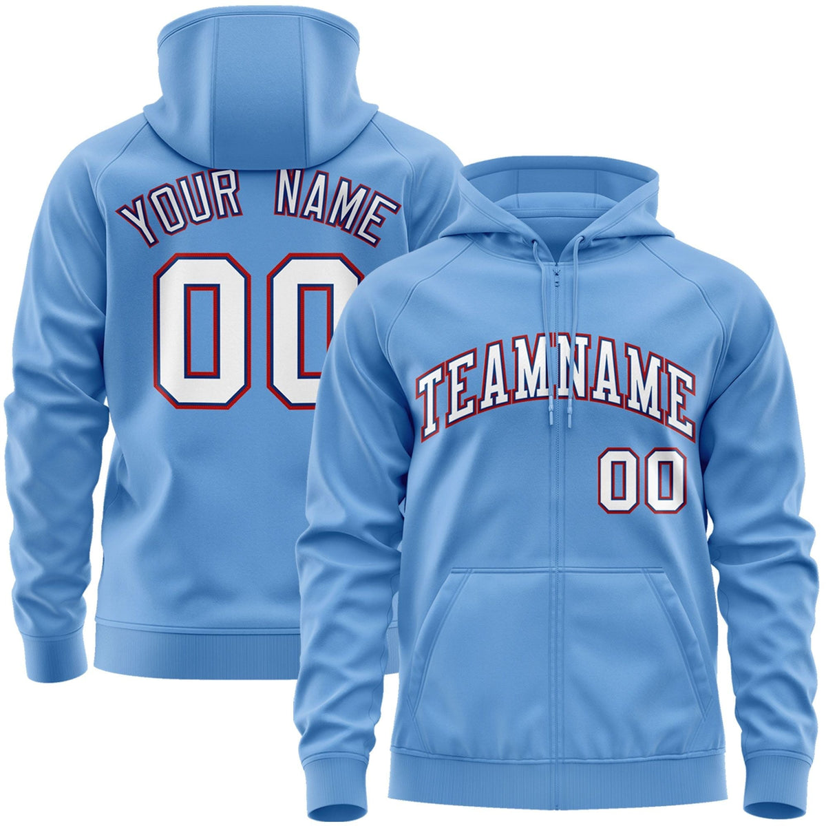 Custom Stitched Light Blue White-Red Sports Full-Zip Sweatshirt Hoodie| KXKSHOP
