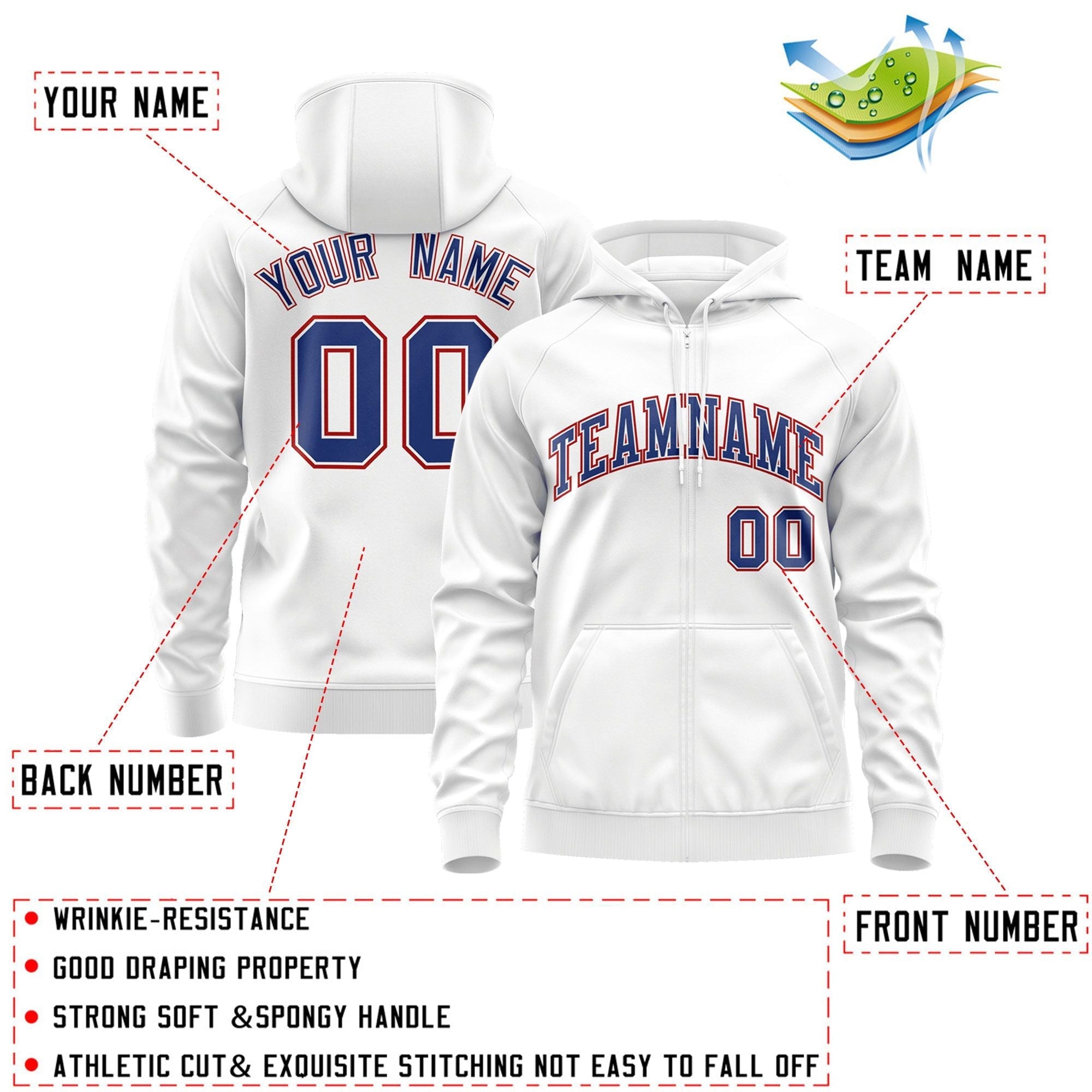 Custom Stitched White Royal-Red Sports Full-Zip Sweatshirt Hoodie| KXKSHOP