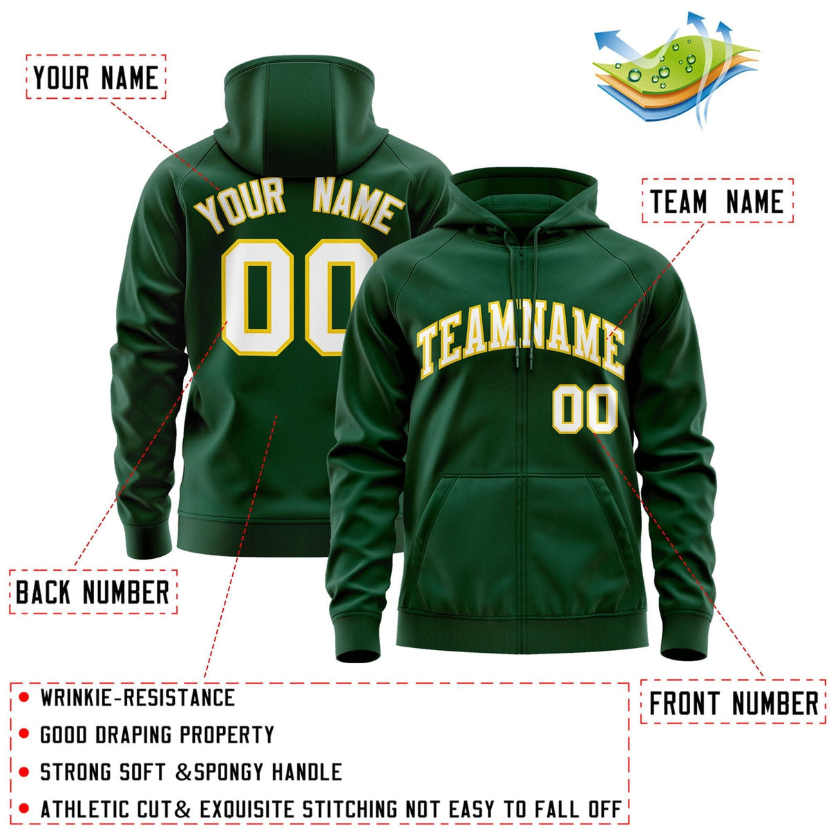 Custom Stitched Green White-Gold Sports Full-Zip Sweatshirt Hoodie| KXKSHOP