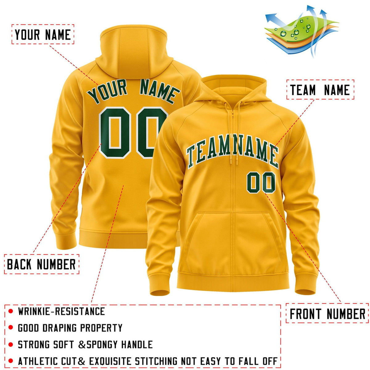 Custom Stitched Gold Kelly Green-White Sports Full-Zip Sweatshirt Hoodie| KXKSHOP