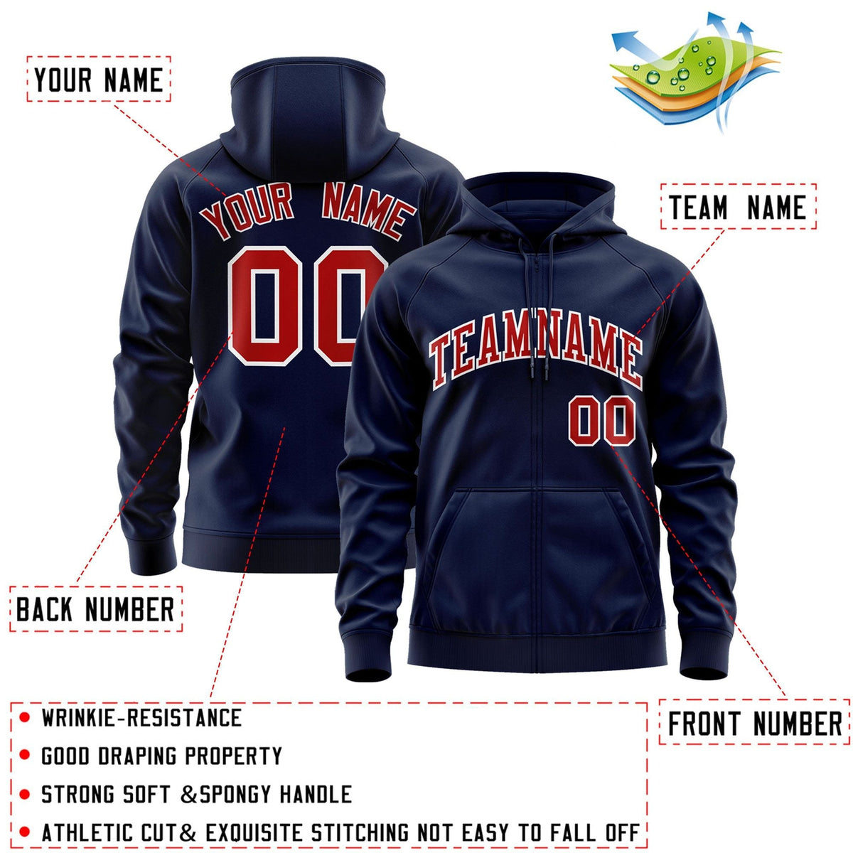 Custom Stitched Navy Red-White Sports Full-Zip Sweatshirt Hoodie| KXKSHOP