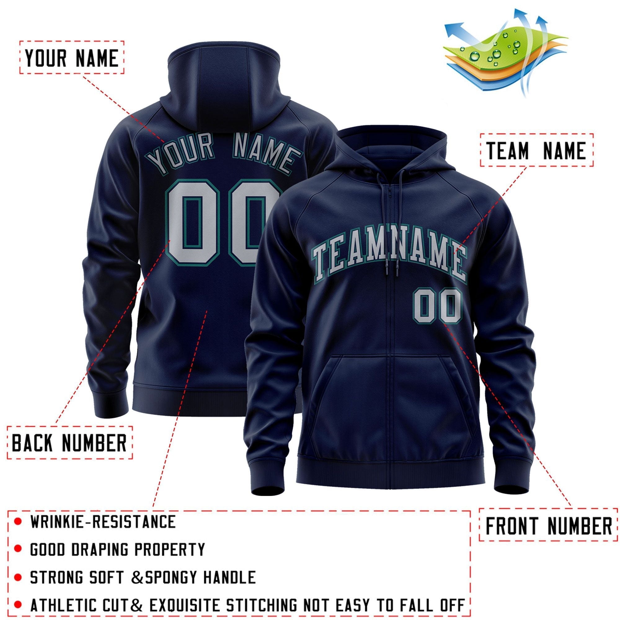 Custom Stitched Navy Gray-Aqua Sports Full-Zip Sweatshirt Hoodie| KXKSHOP