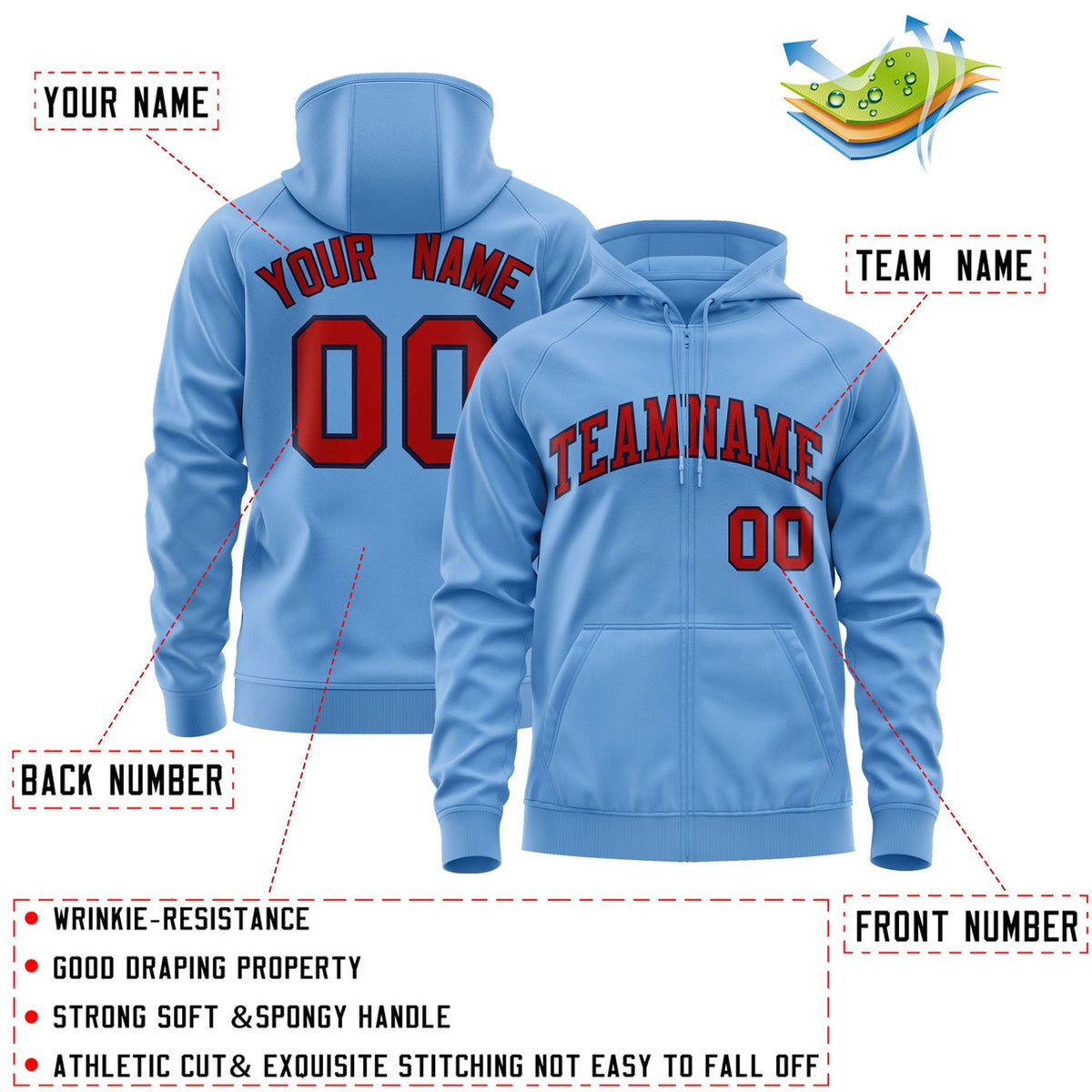 Custom Stitched Lt Blue Red-Navy Sports Full-Zip Sweatshirt Hoodie| KXKSHOP