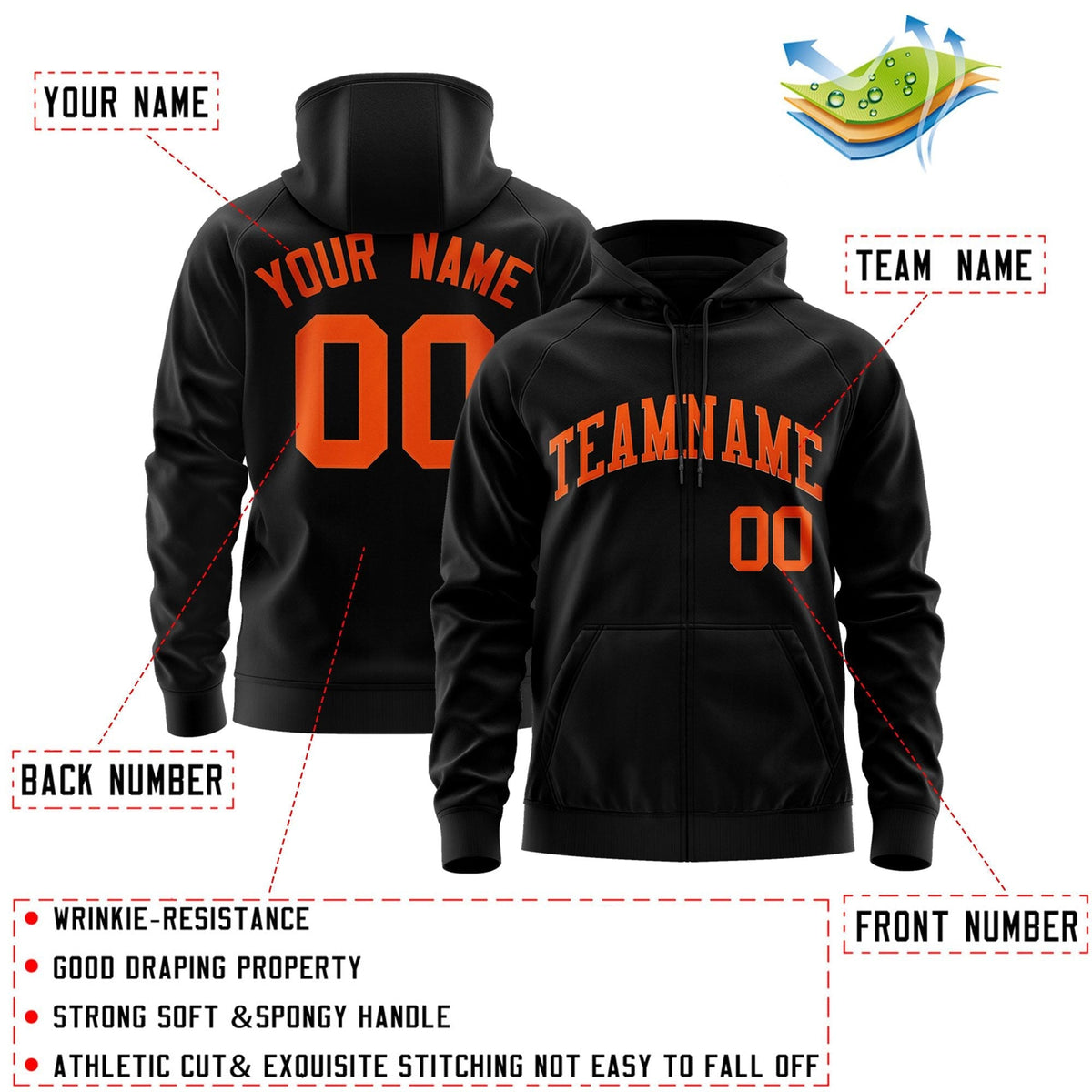 Custom Stitched Black Orange Sports Full-Zip Sweatshirt Hoodie| KXKSHOP
