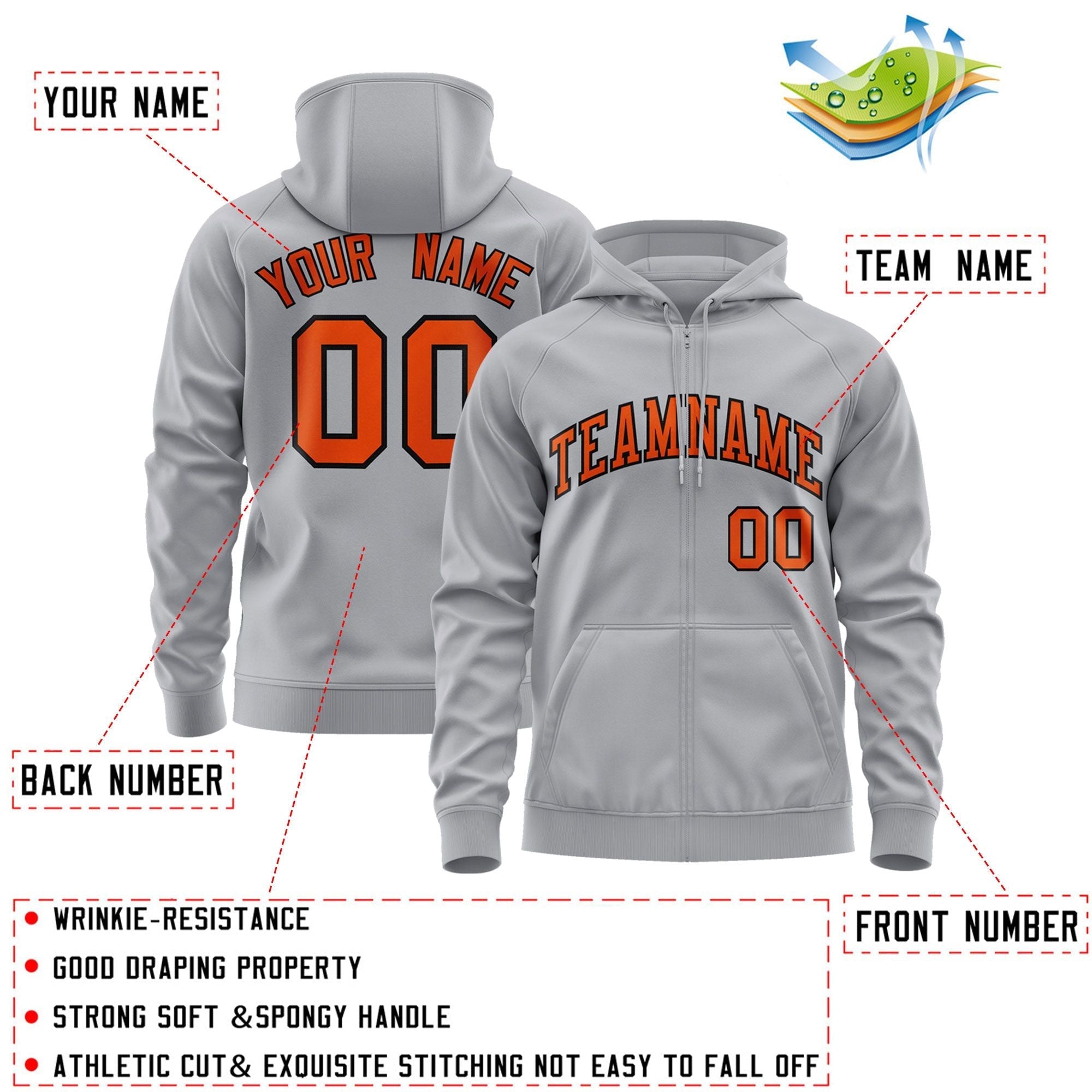 Custom Stitched Gray Orange-Black Sports Full-Zip Sweatshirt Hoodie| KXKSHOP