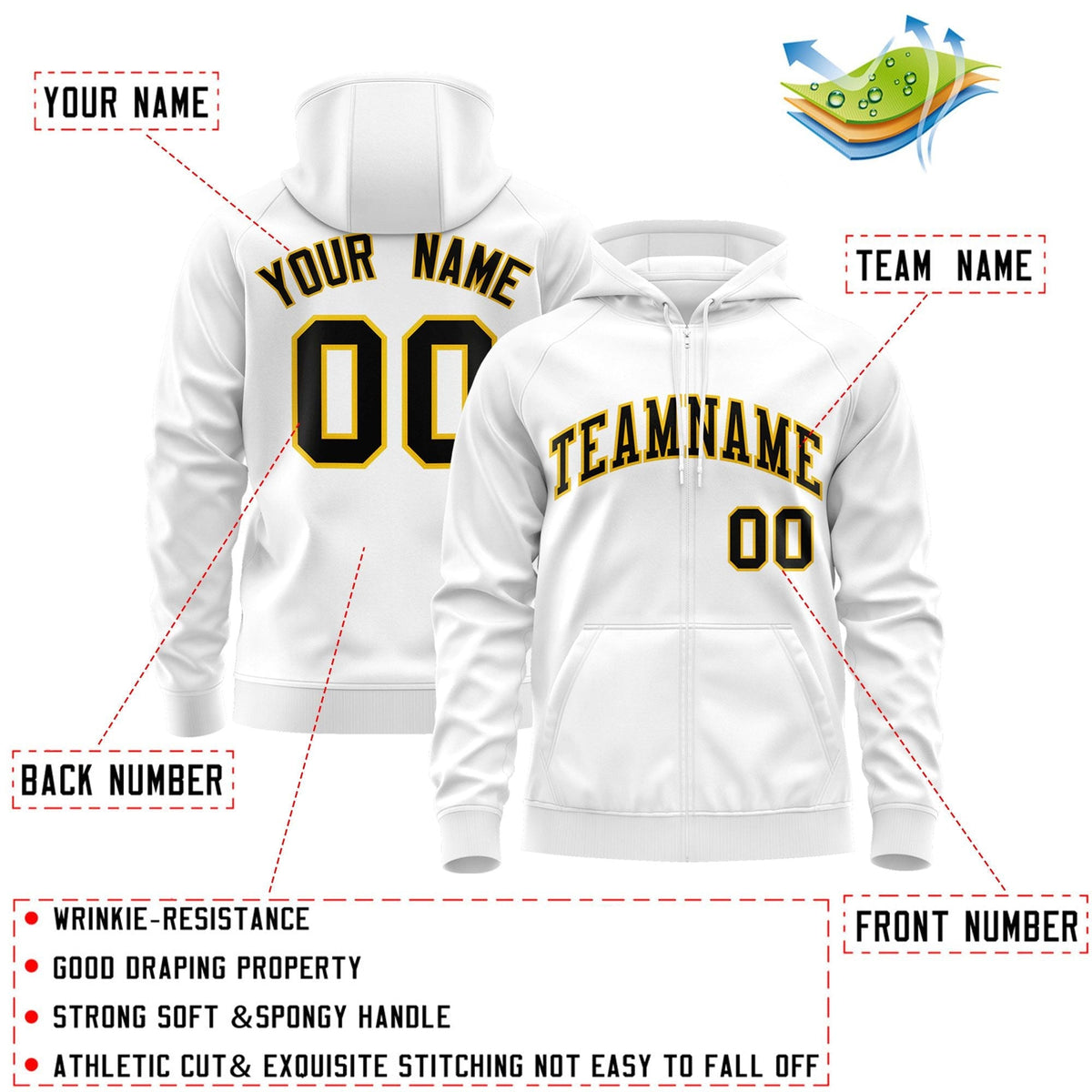 Custom Stitched White Black-Gold Sports Full-Zip Sweatshirt Hoodie| KXKSHOP