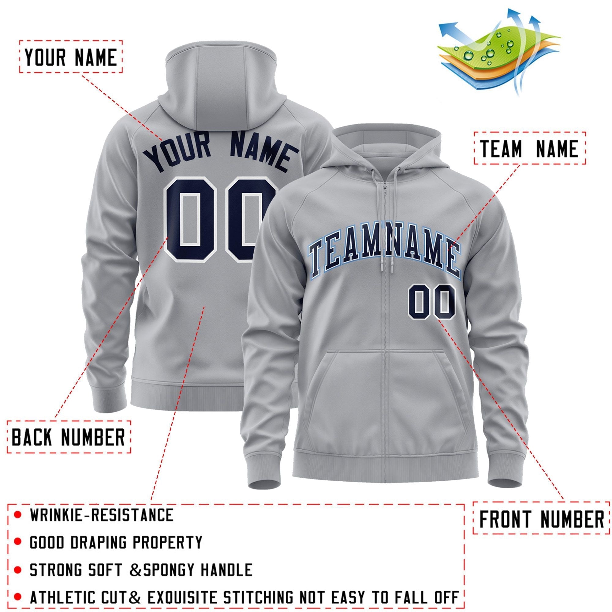 Custom Stitched Gray Navy-Light Blue Sports Full-Zip Sweatshirt Hoodie| KXKSHOP
