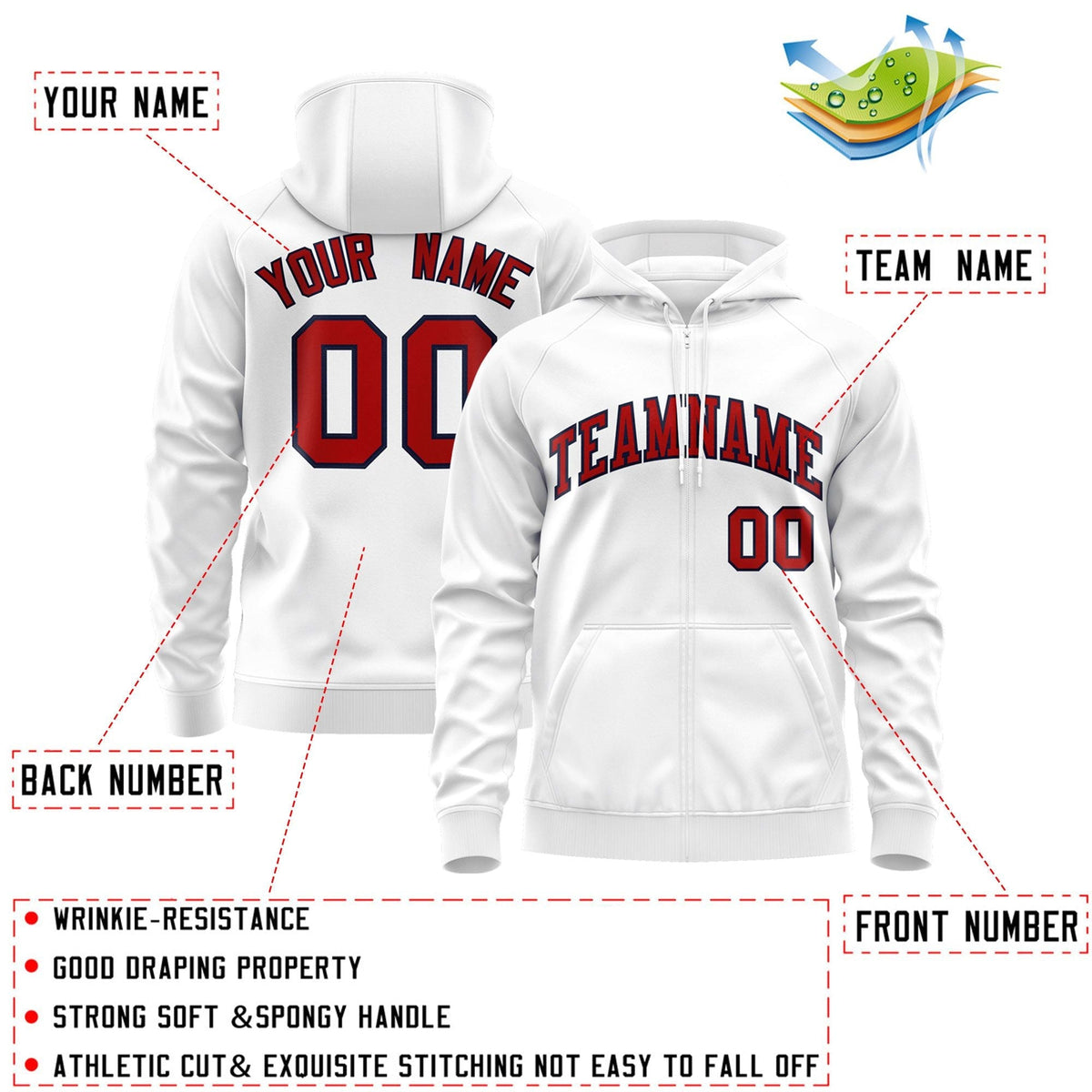 Custom Stitched White Red-Navy Sports Full-Zip Sweatshirt Hoodie| KXKSHOP