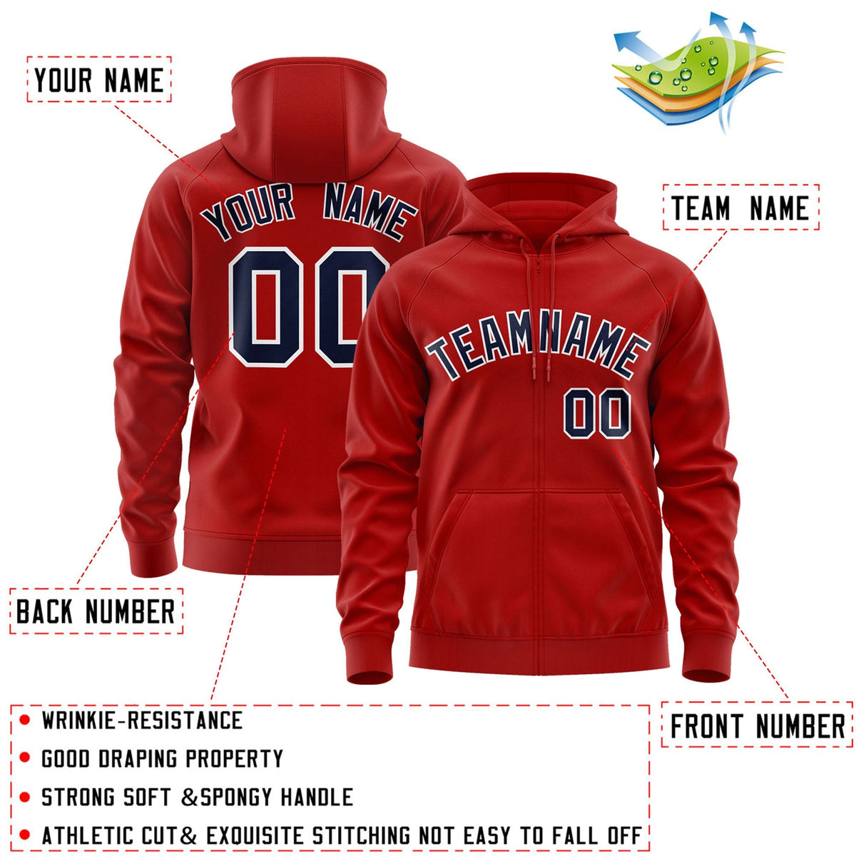 Custom Stitched Red Navy-White Sports Full-Zip Sweatshirt Hoodie| KXKSHOP